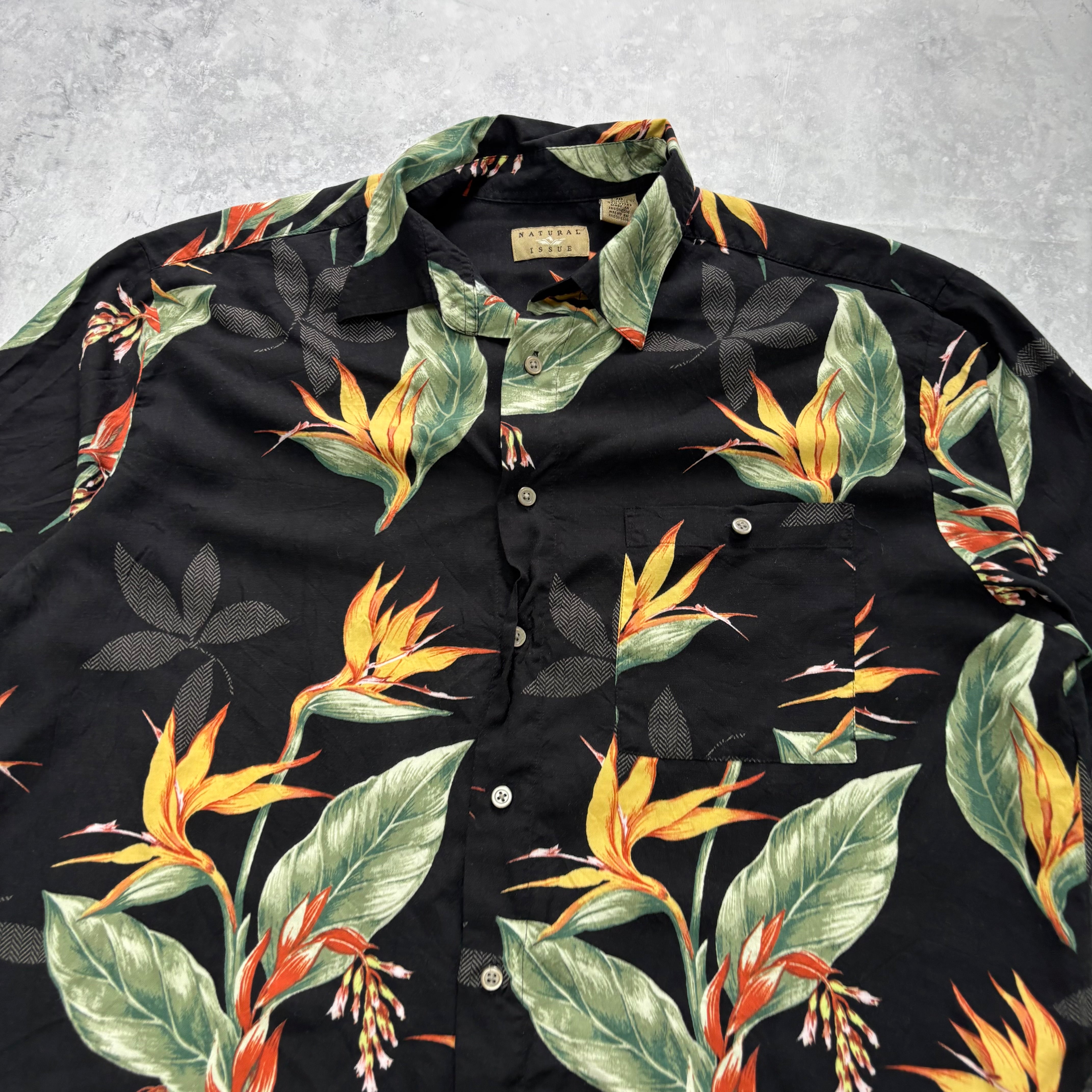 Vintage Hawaiian Shirt Mens Large Black Floral Aloha Short Sleeve Rayon (E)