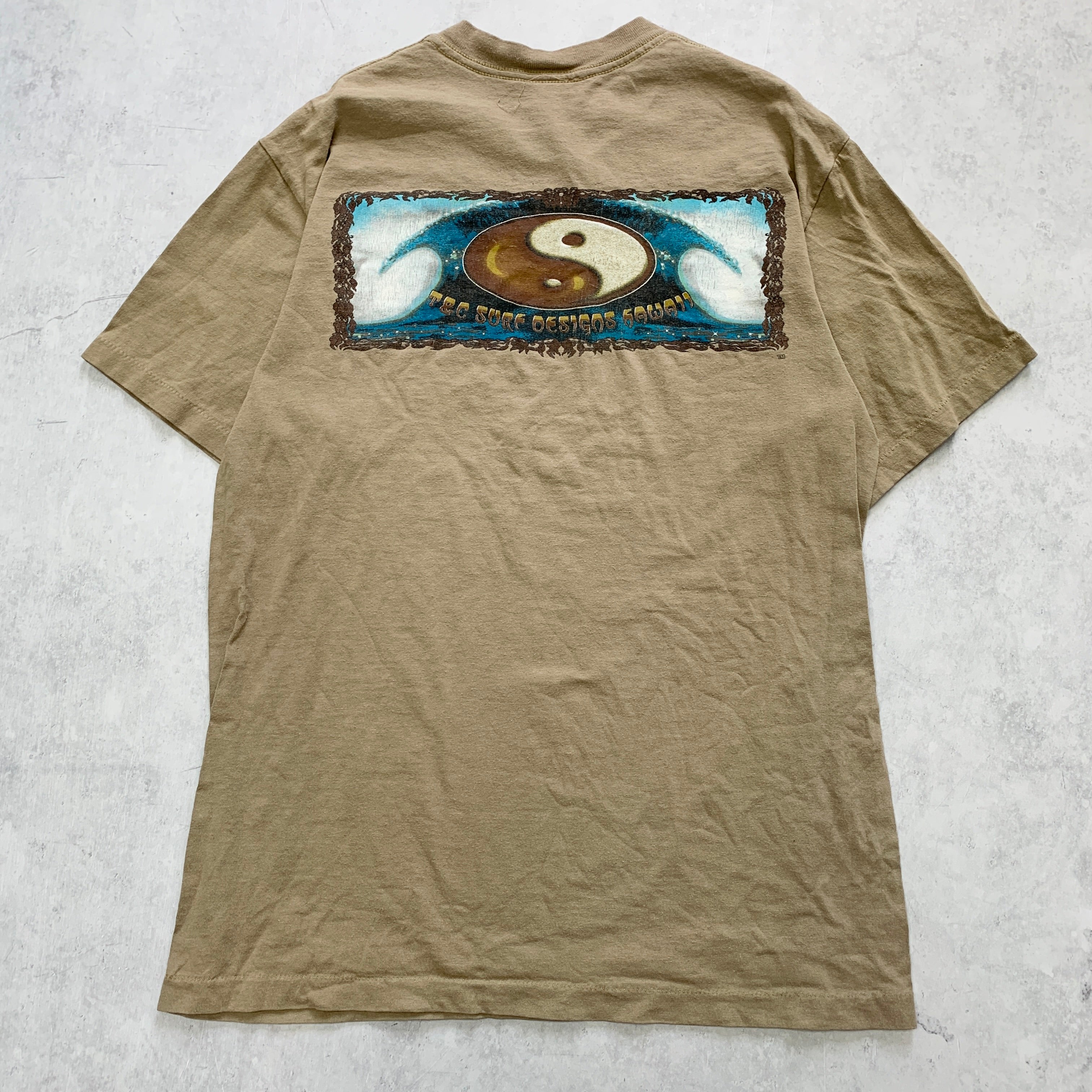 Vintage T Shirt Mens Medium Brown Tan Single Stitch Graphic Print 90s Surf