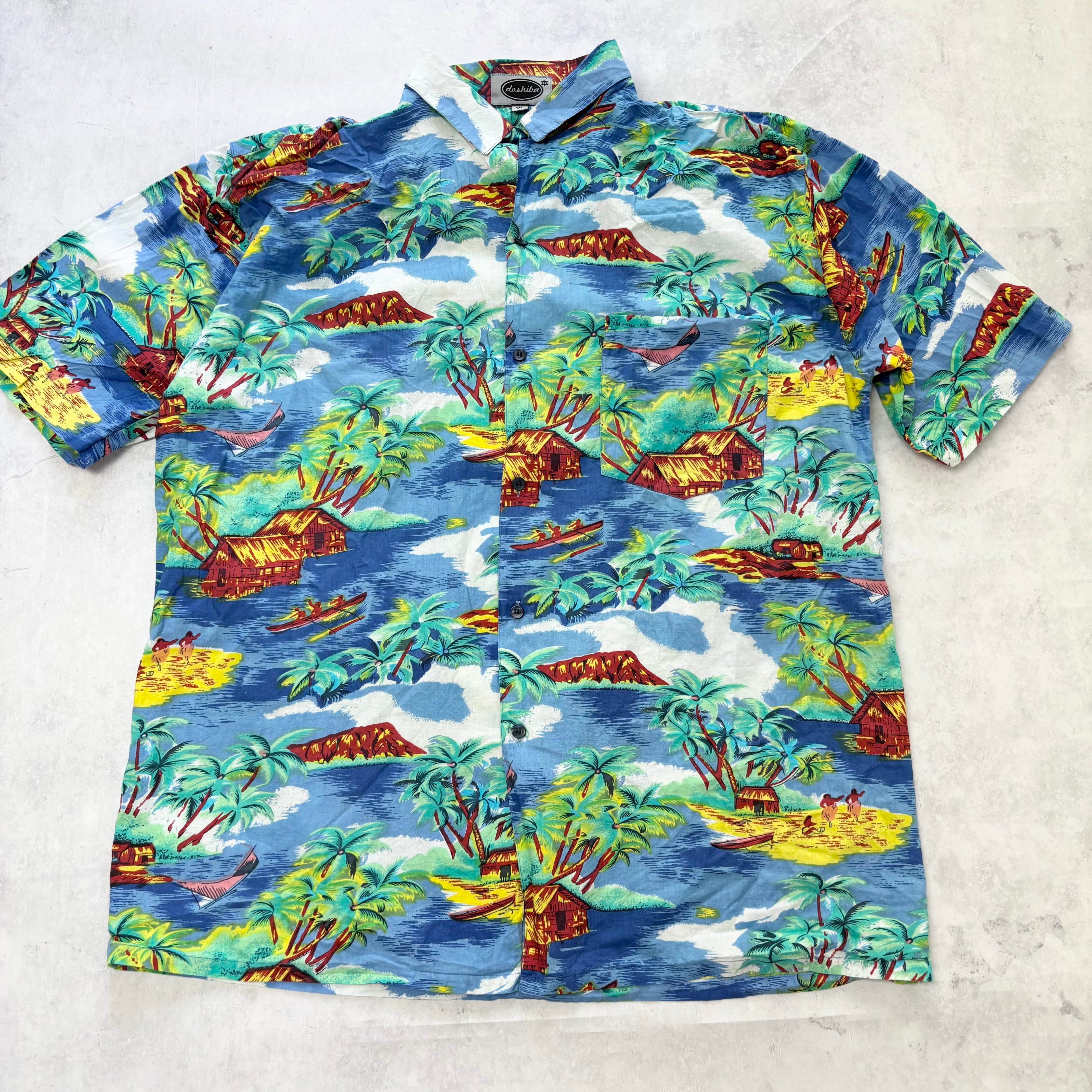 Vintage Hawaiian Shirt Mens XL Blue Multi Floral Aloha Short Sleeve