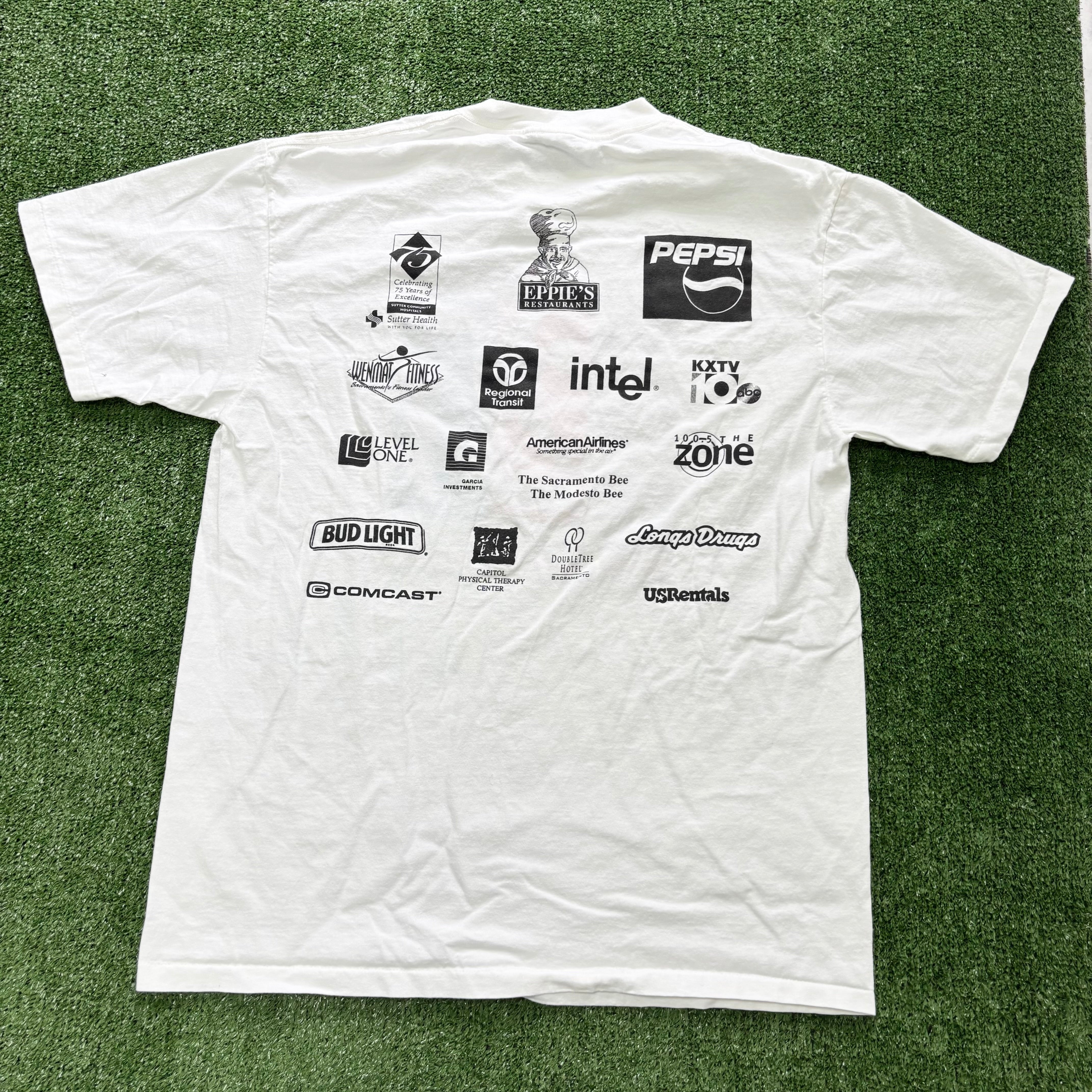 Vintage T Shirt Mens Large White Single Stitch Graphic Print 90s Race (E)