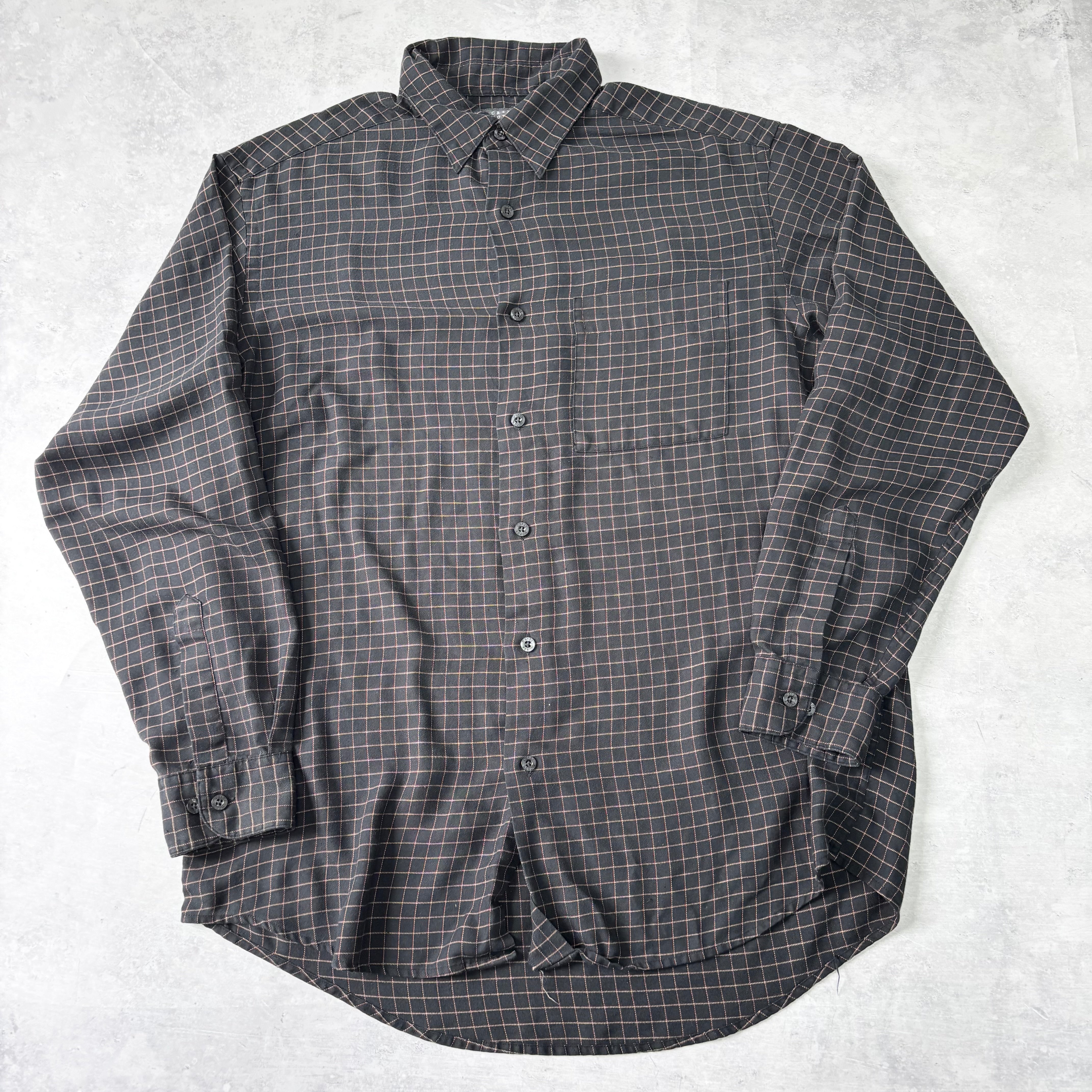 Mens Long Sleeve Shirt Medium Black Check Pattern Rayon Blend (E)