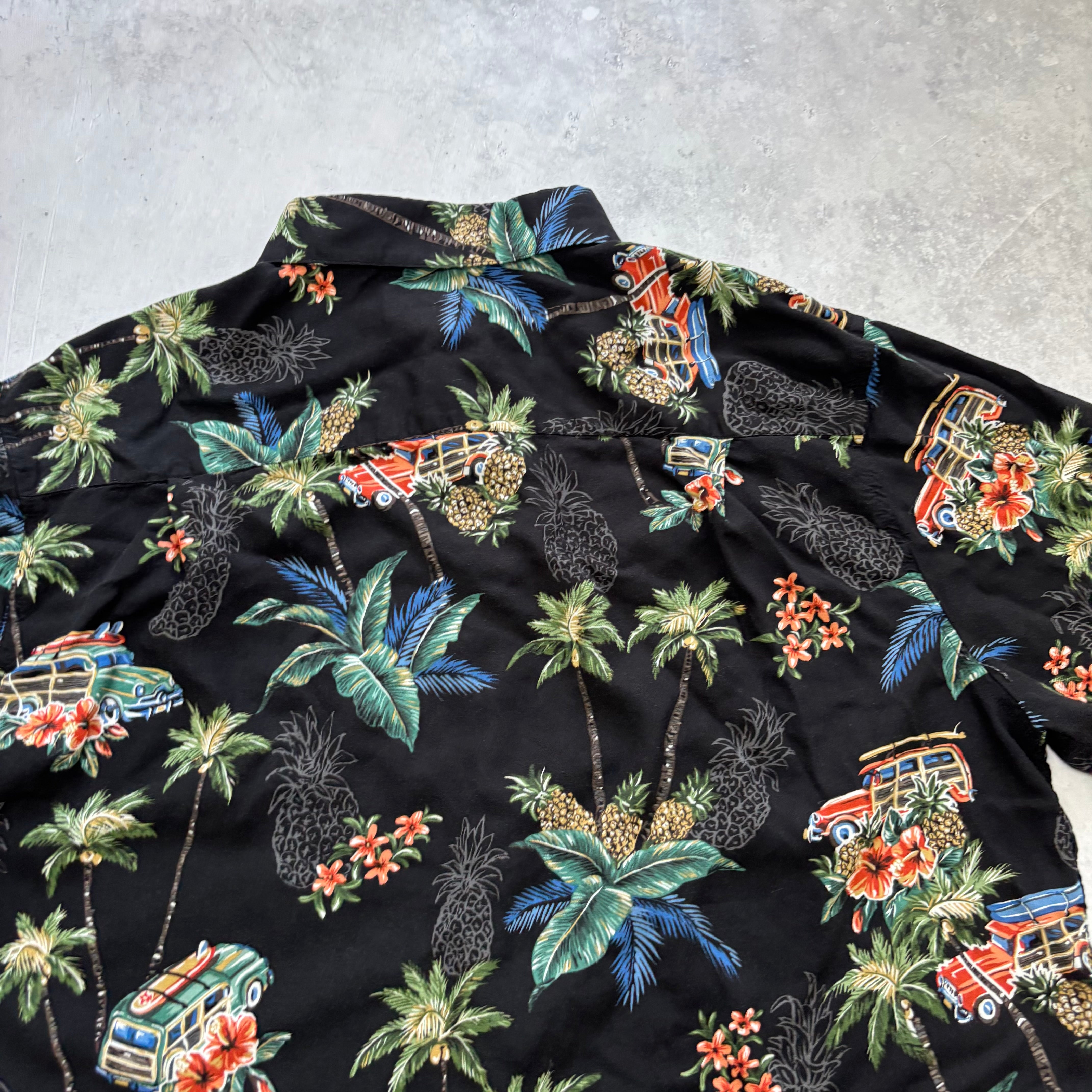 Vintage Hawaiian Shirt Mens Large Black Floral Aloha Short Sleeve Rayon (E)