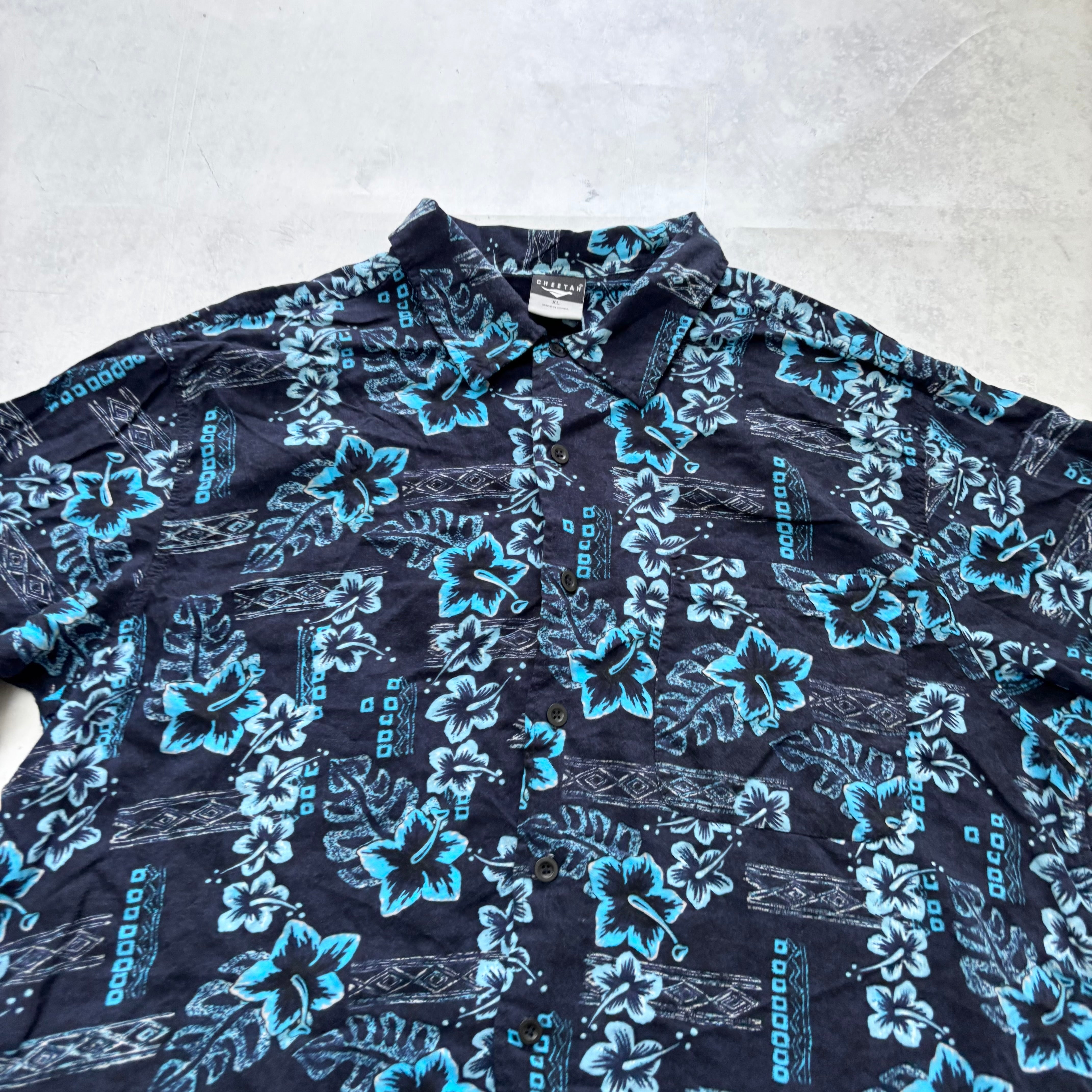 Hawaiian Shirt Mens XL Navy Blue Floral Aloha Short Sleeve Rayon (E)