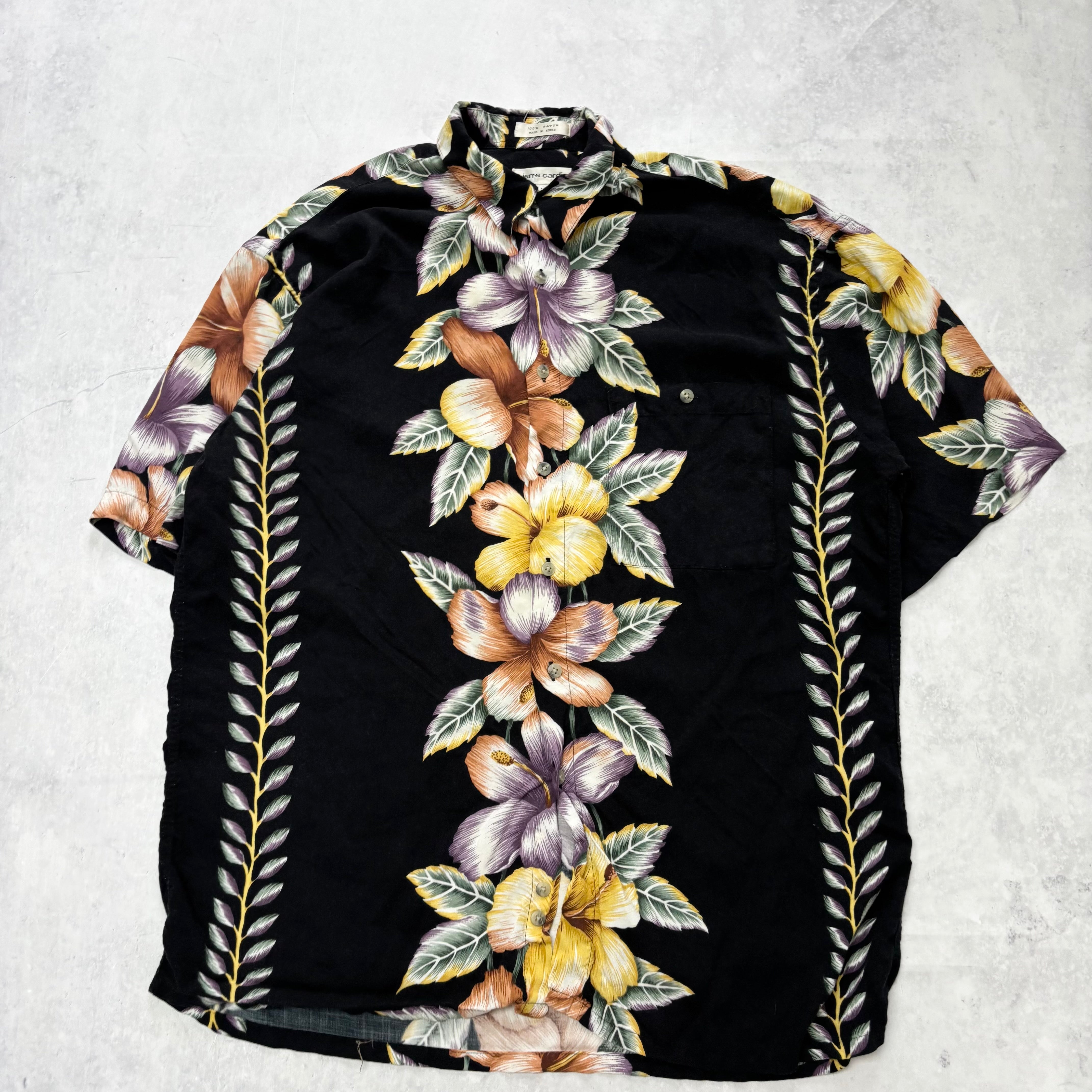 Vintage Hawaiian Shirt Mens Large Black Pierre Cardin Short Sleeve Rayon (E)