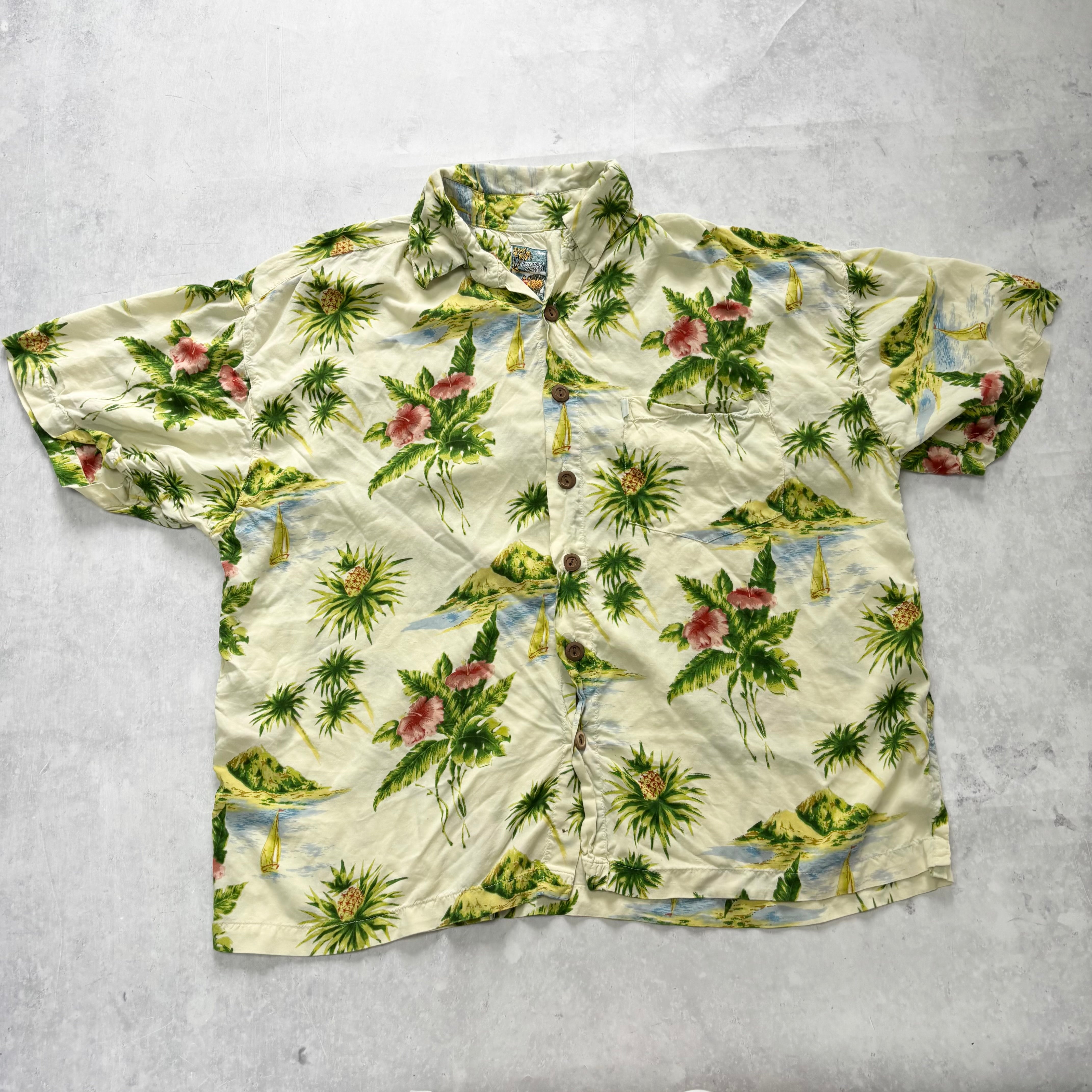 Vintage Hawaiian Shirt Mens XL Yellow Floral Aloha Short Sleeve (E)