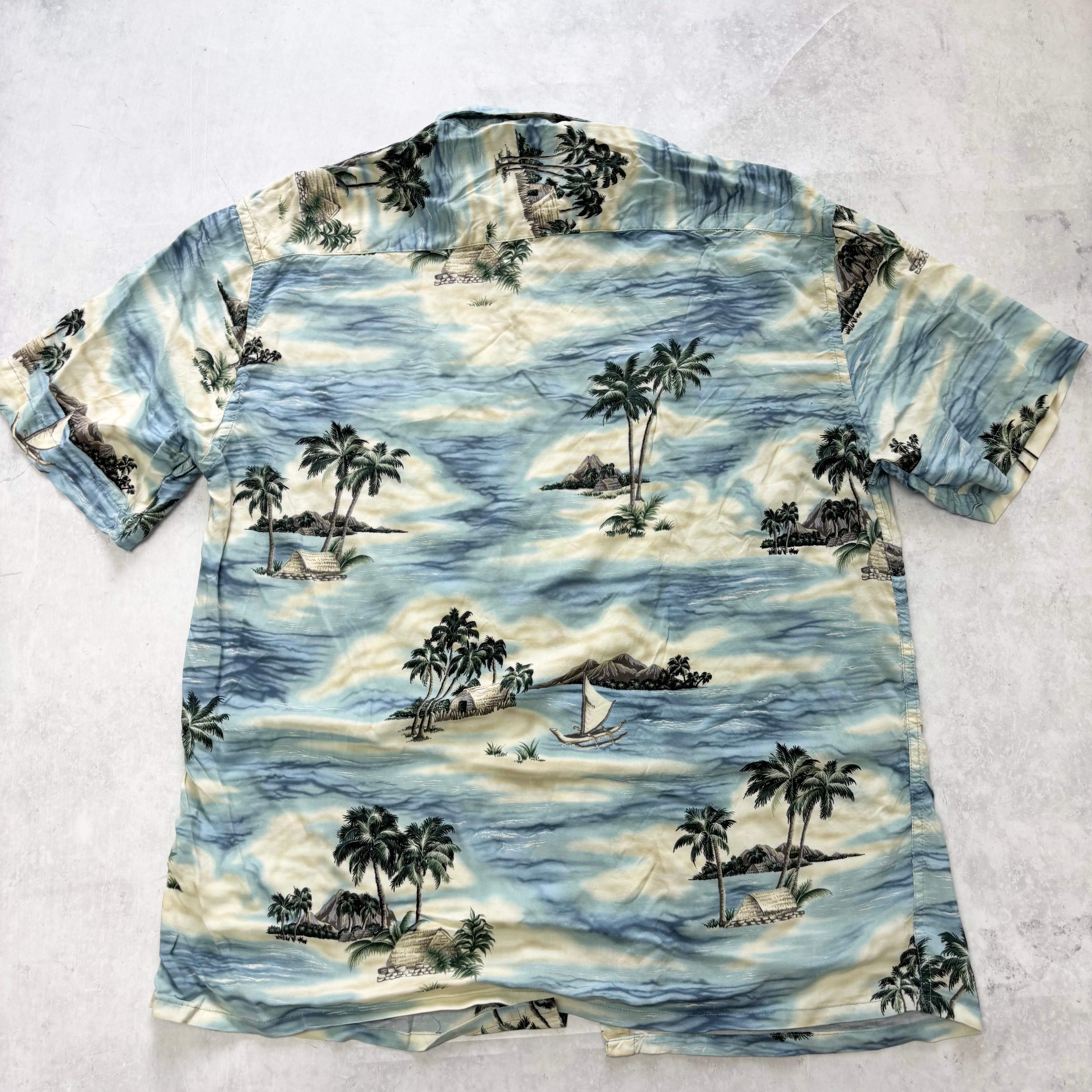 Vintage Hawaiian Shirt Mens Large Blue Floral Aloha Short Sleeve Rayon (E)