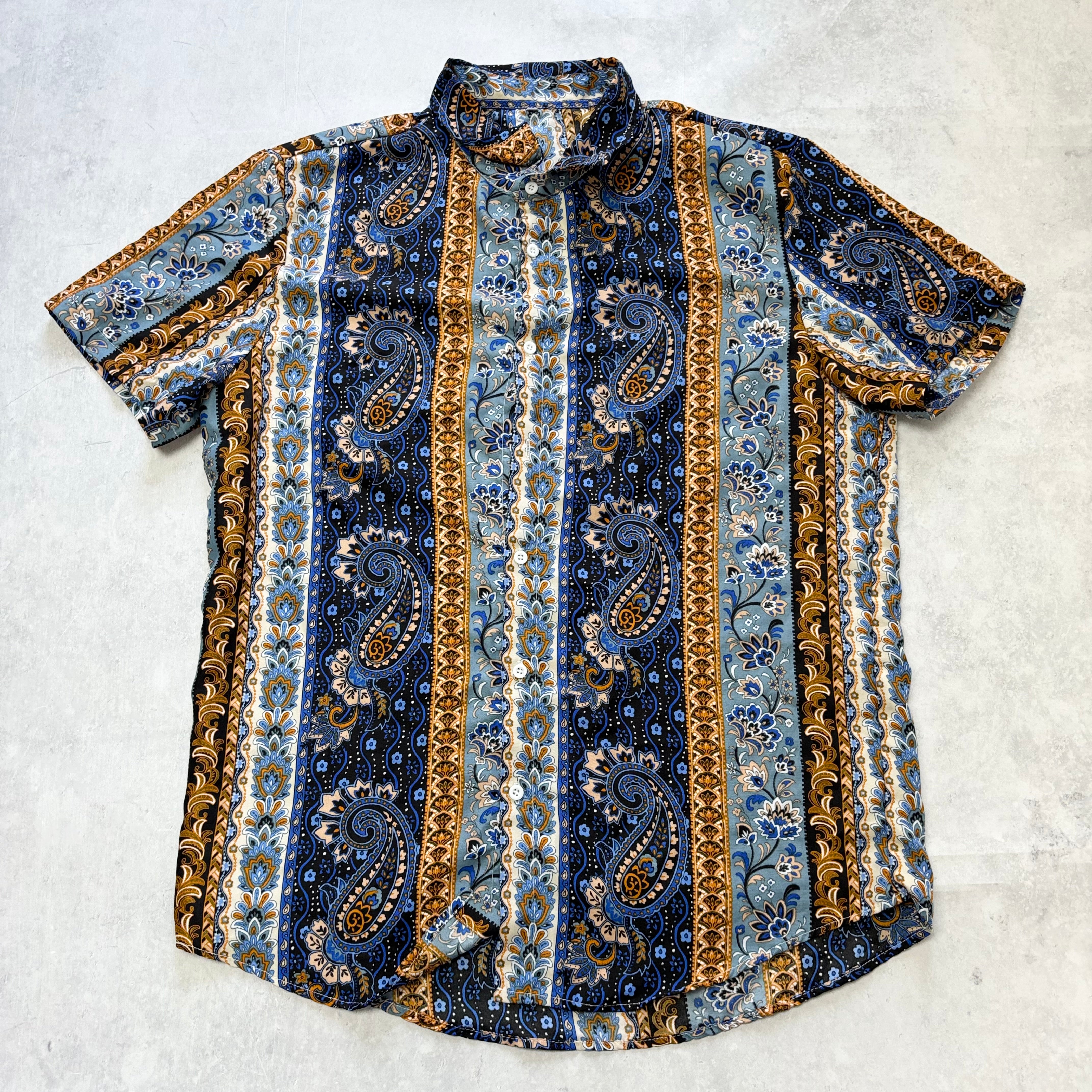 Hawaiian Shirt Mens Large Blue Floral Aloha Short Sleeve Polyester (E)
