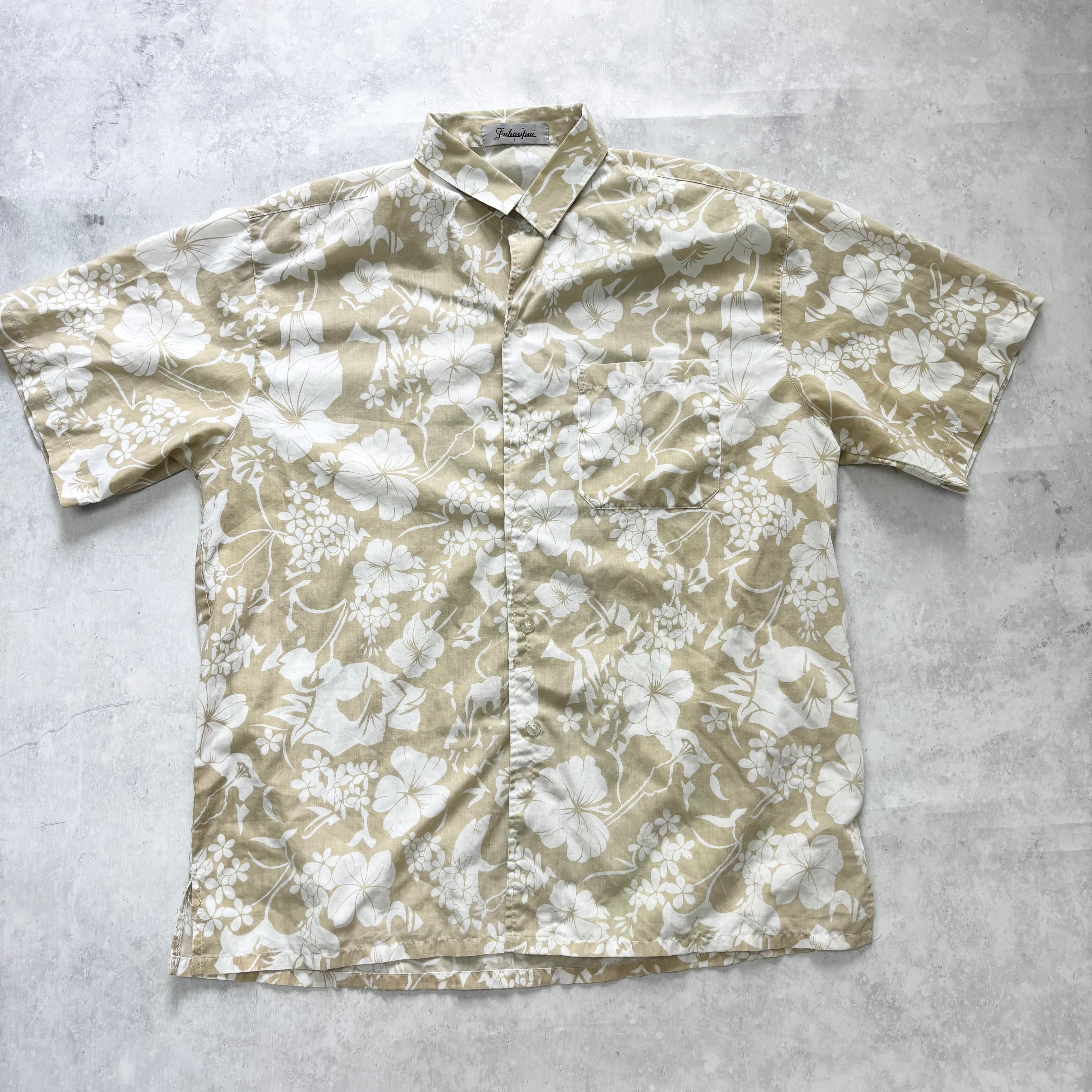 Vintage Hawaiian Shirt Mens Large Beige Floral Aloha Short Sleeve (F)