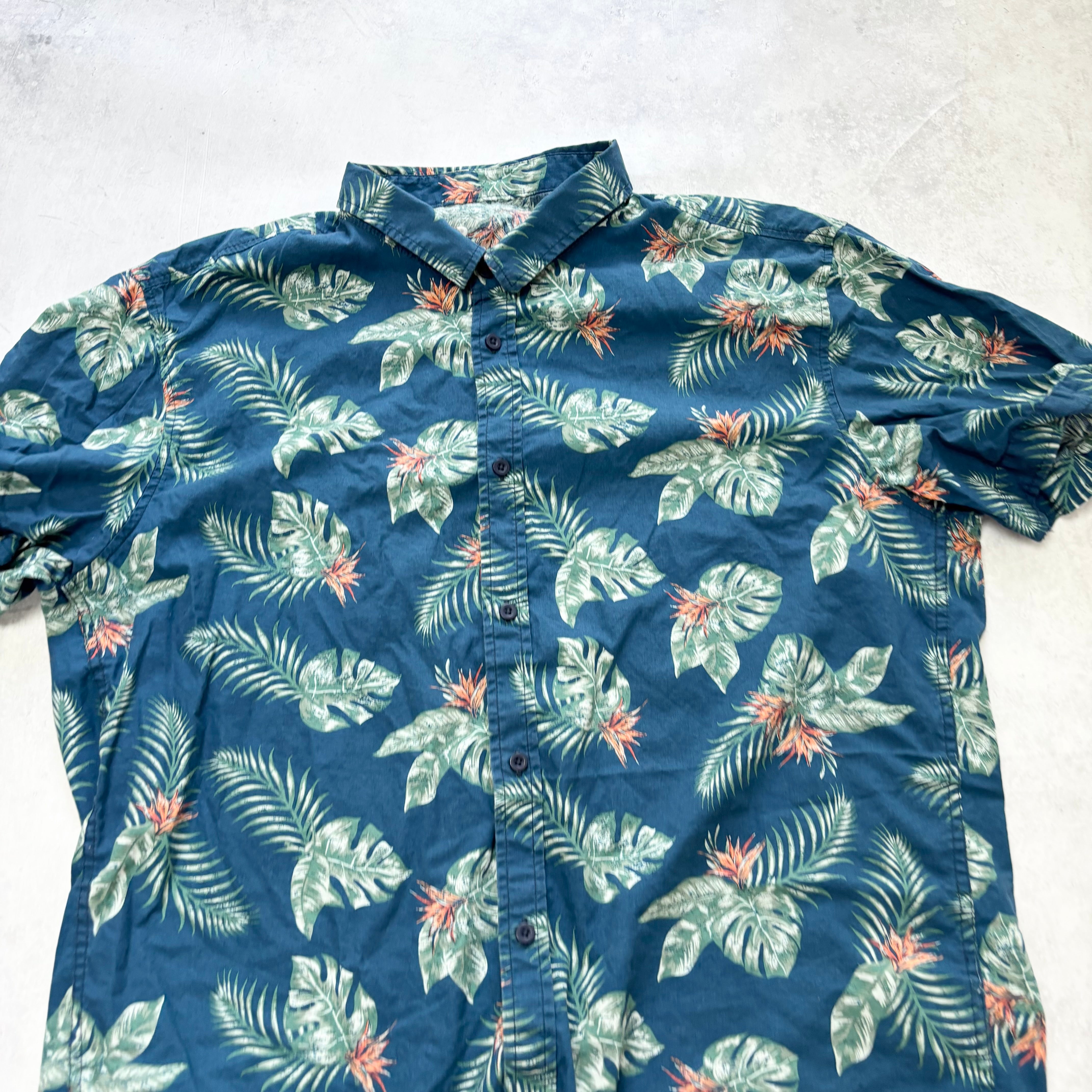 Hawaiian Shirt Mens Large Navy Multi Floral Aloha Short Sleeve Cotton (E)
