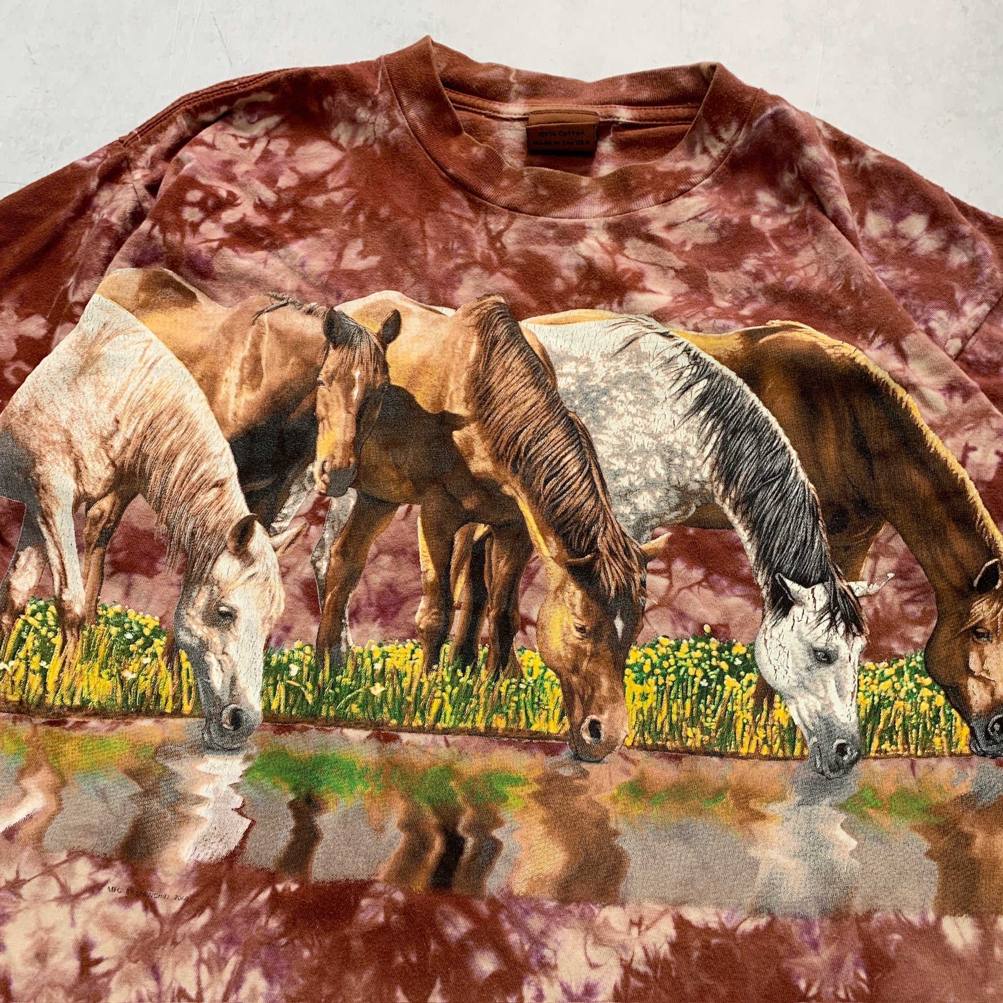 Vintage T Shirt Mens Large Brown Single Stitch Graphic Print 90s Horses Tie Die