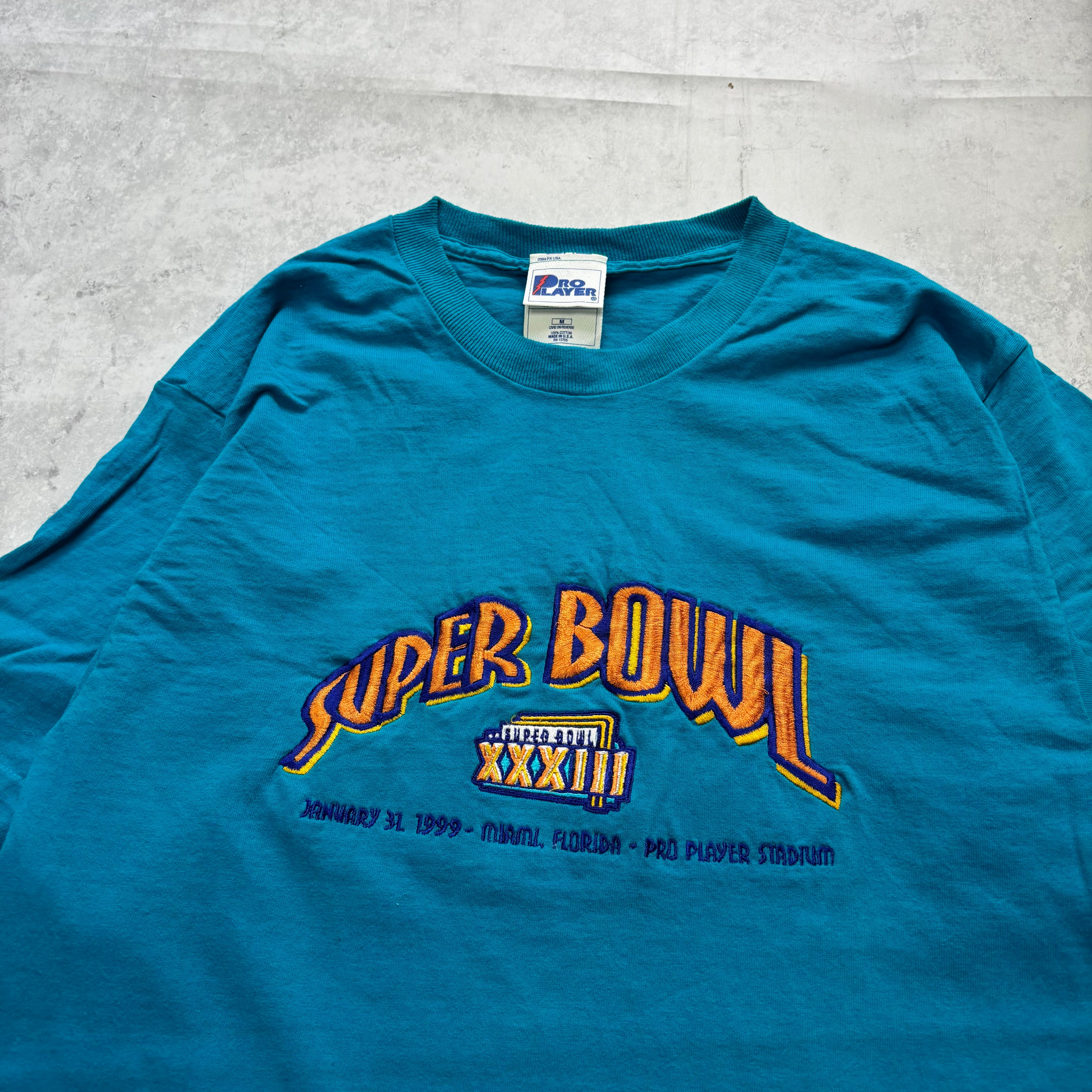 Vintage T Shirt Mens Medium Blue Single Stitch Graphic Print 90s Super Bowl (E)