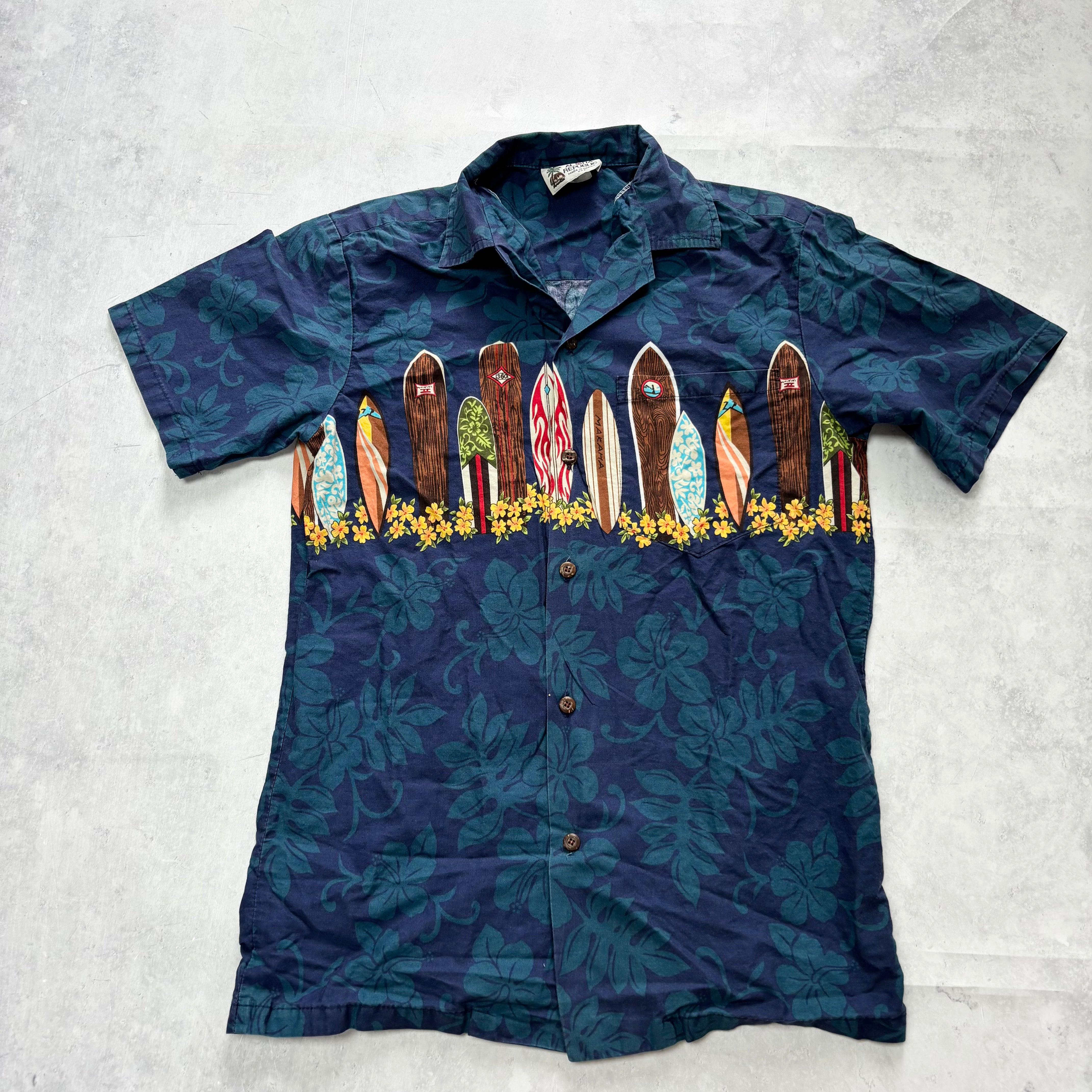 Vintage Hawaiian Shirt Mens Small Blue Floral Aloha Short Sleeve Cotton (E)