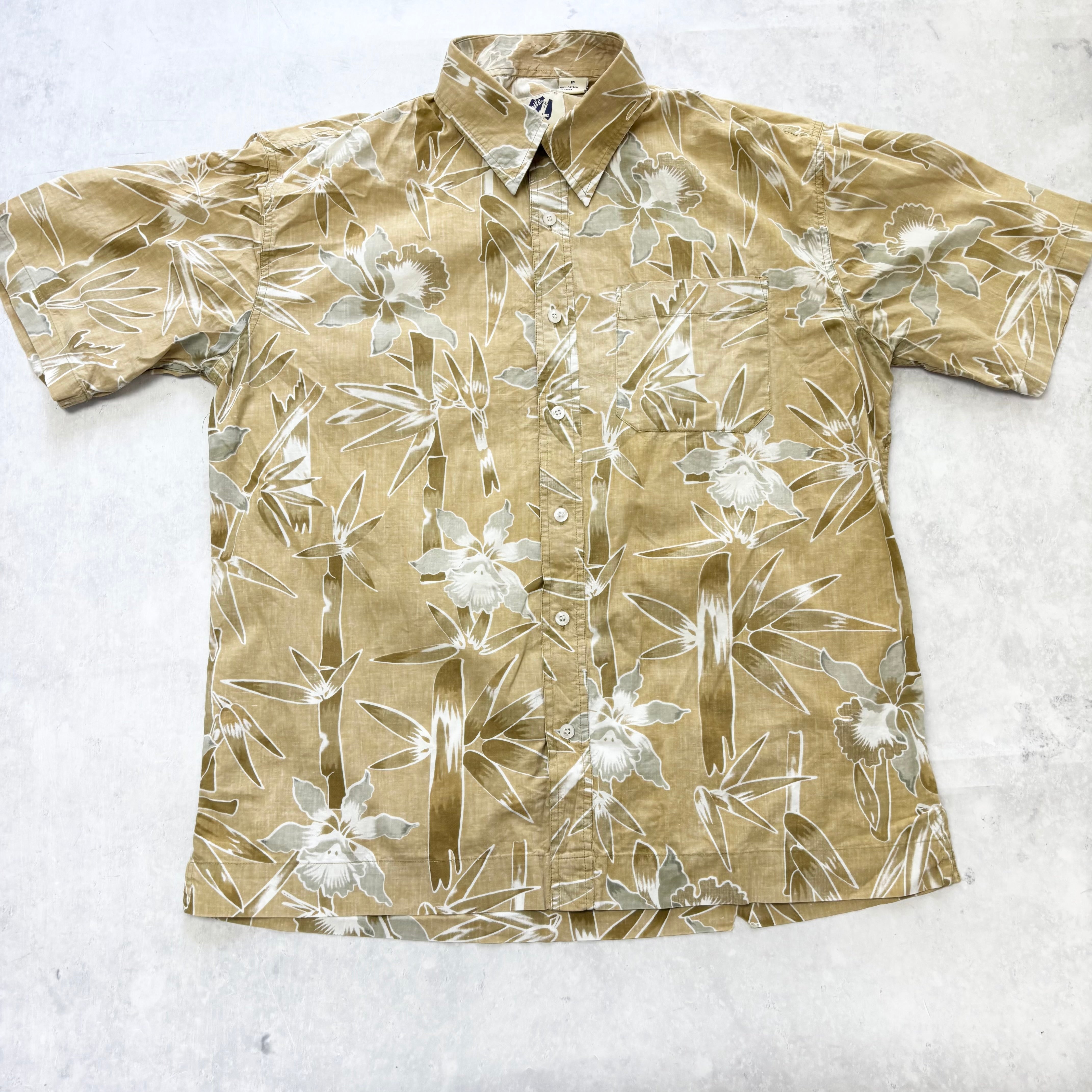 Hawaiian Shirt Mens Medium Tan Floral Aloha Short Sleeve Cotton (E)