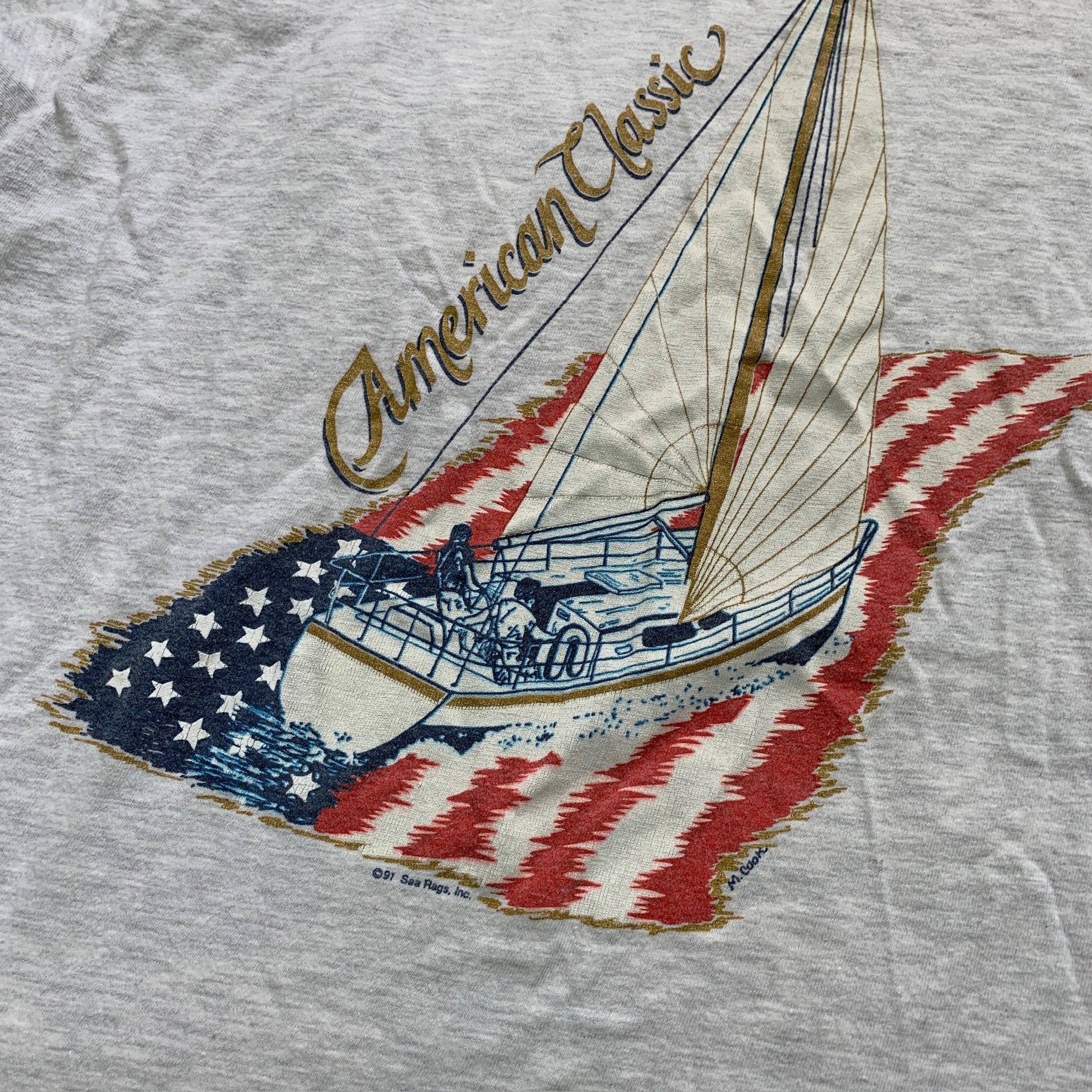 Vintage T Shirt Mens Large Grey Single Stitch Graphic Print 90s USA Sailing