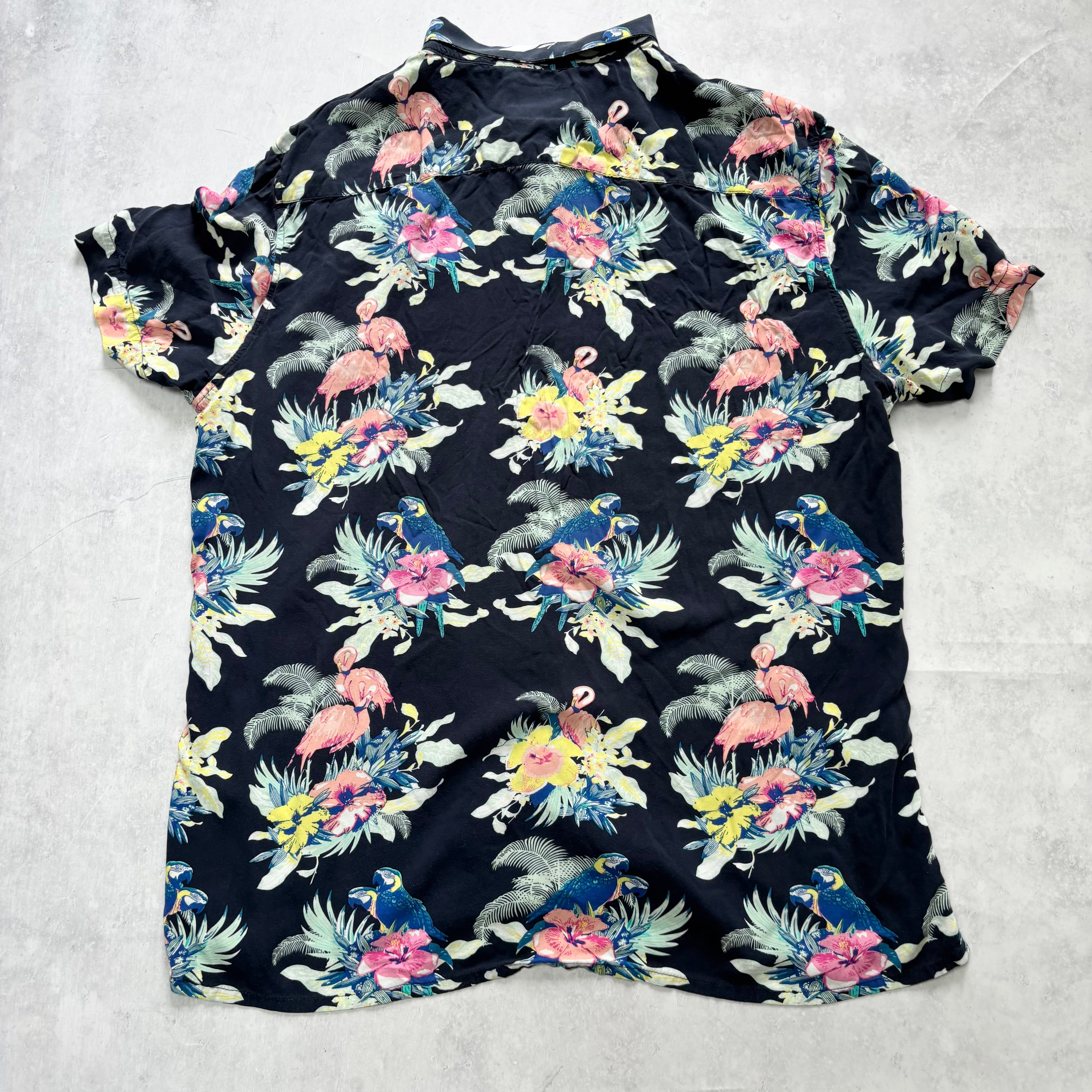 Hawaiian Shirt Mens XL Navy Floral Aloha Short Sleeve Viscose Slim Fit (E)