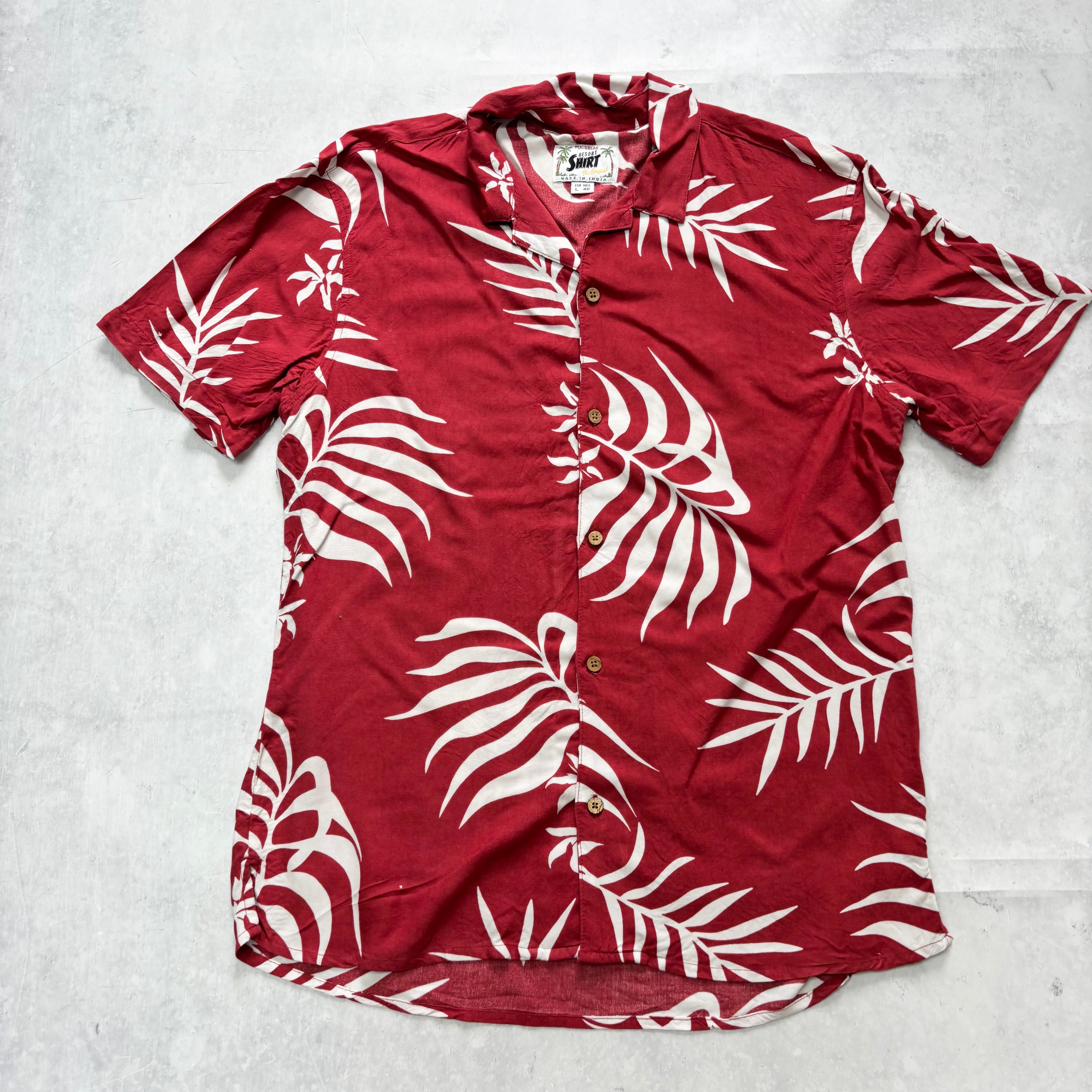 Hawaiian Shirt Mens Large Red Floral Aloha Short Sleeve Slim Fit