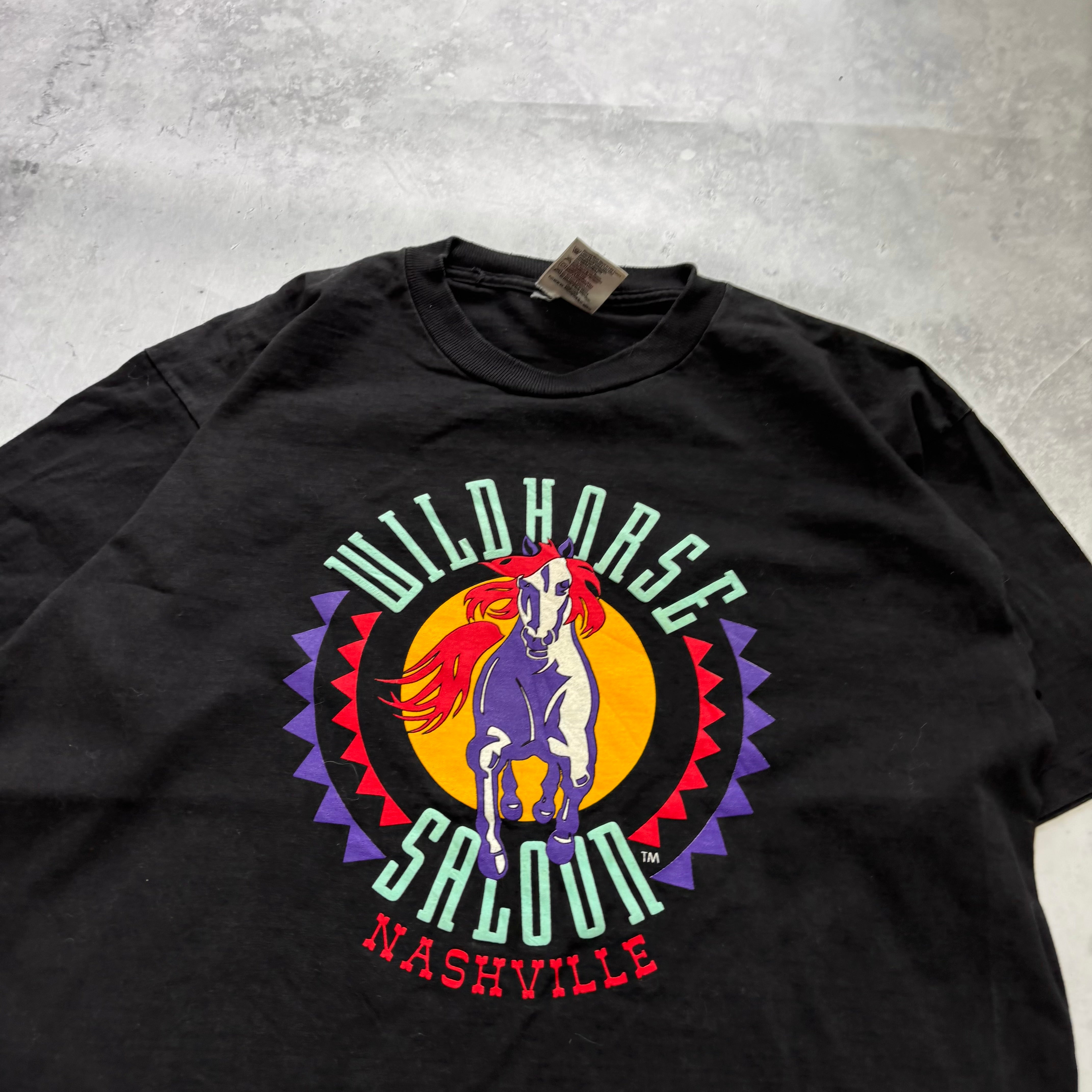 Vintage T Shirt Mens Large Black Single Stitch Graphic Print 90s USA Horses (E)