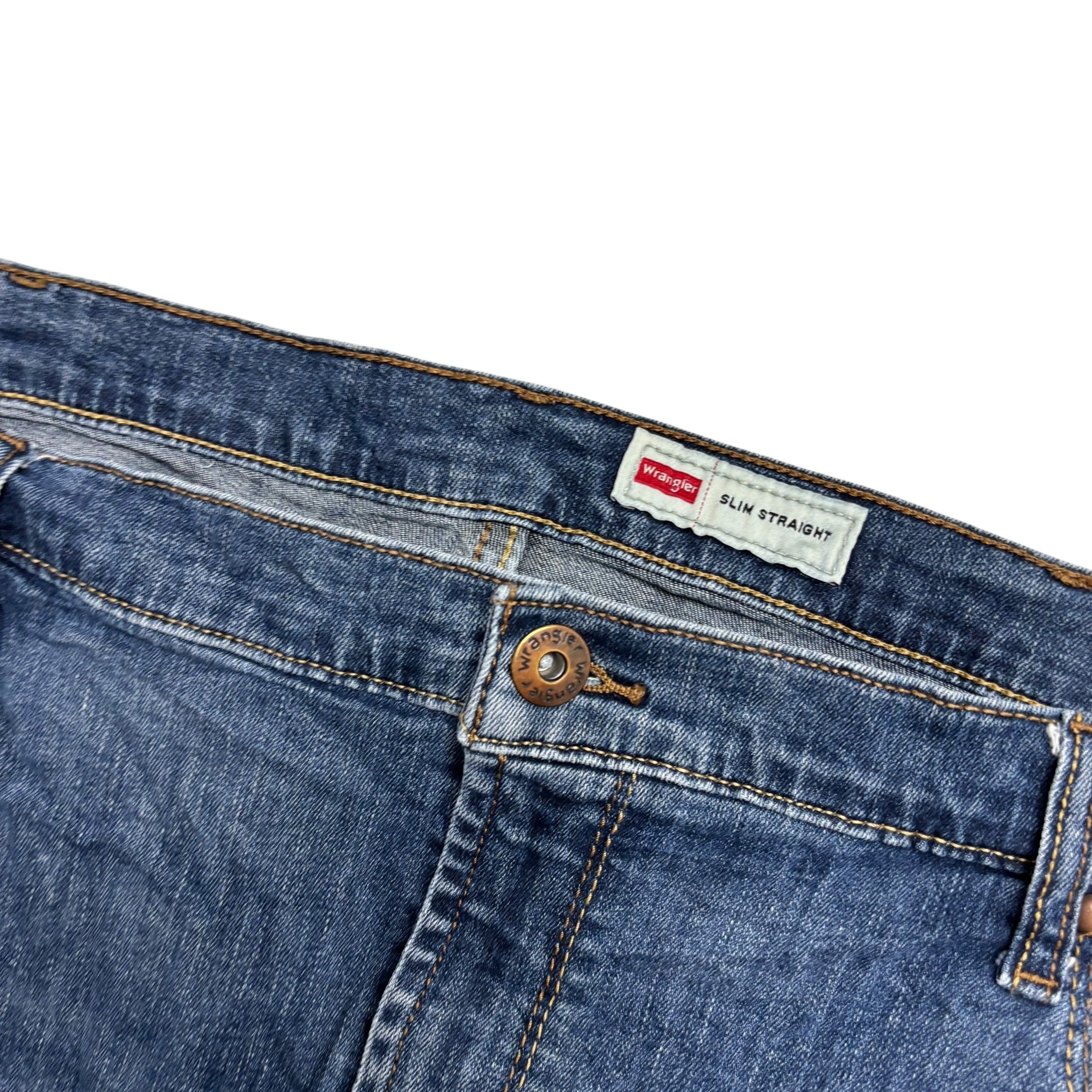 Wrangler Jeans W42 L30 Mens Mid Blue Slim Straight Fit Stretch Denim (E)