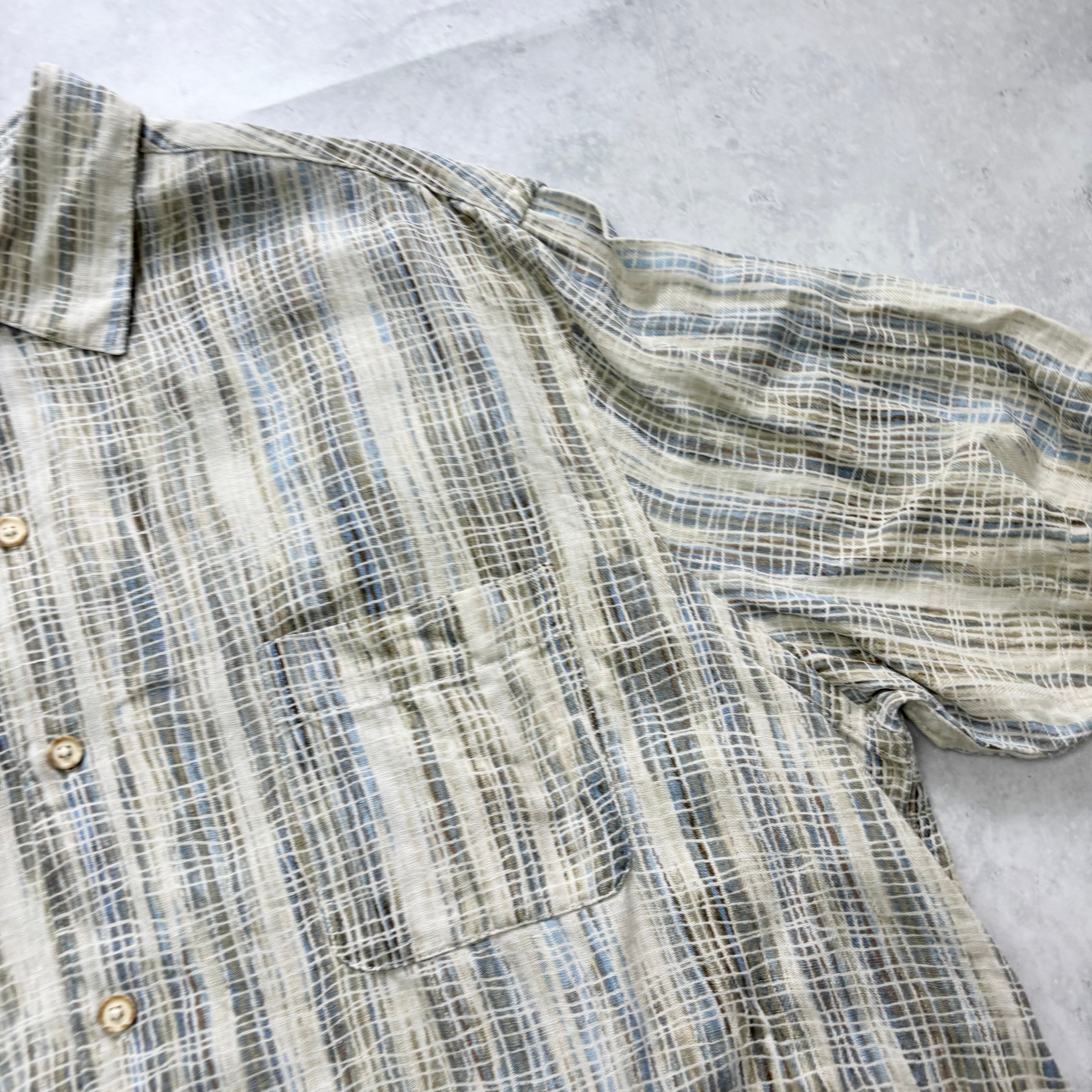 Vintage Shirt Mens Large Abstract Pattern Short Sleeve Silk Linen Blend (E)