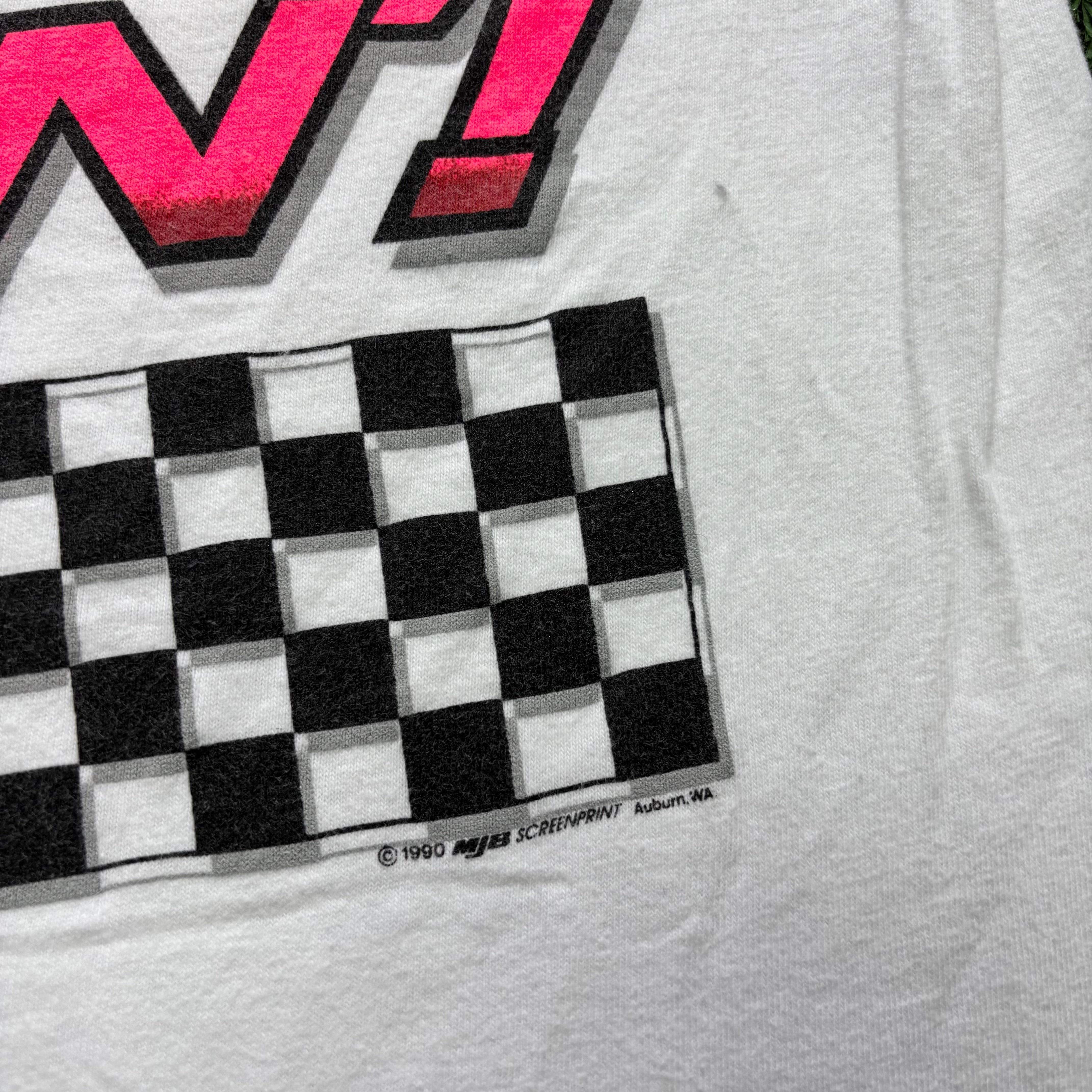 Vintage T Shirt Mens Medium White Single Stitch Graphic Print 90s Racing (E)