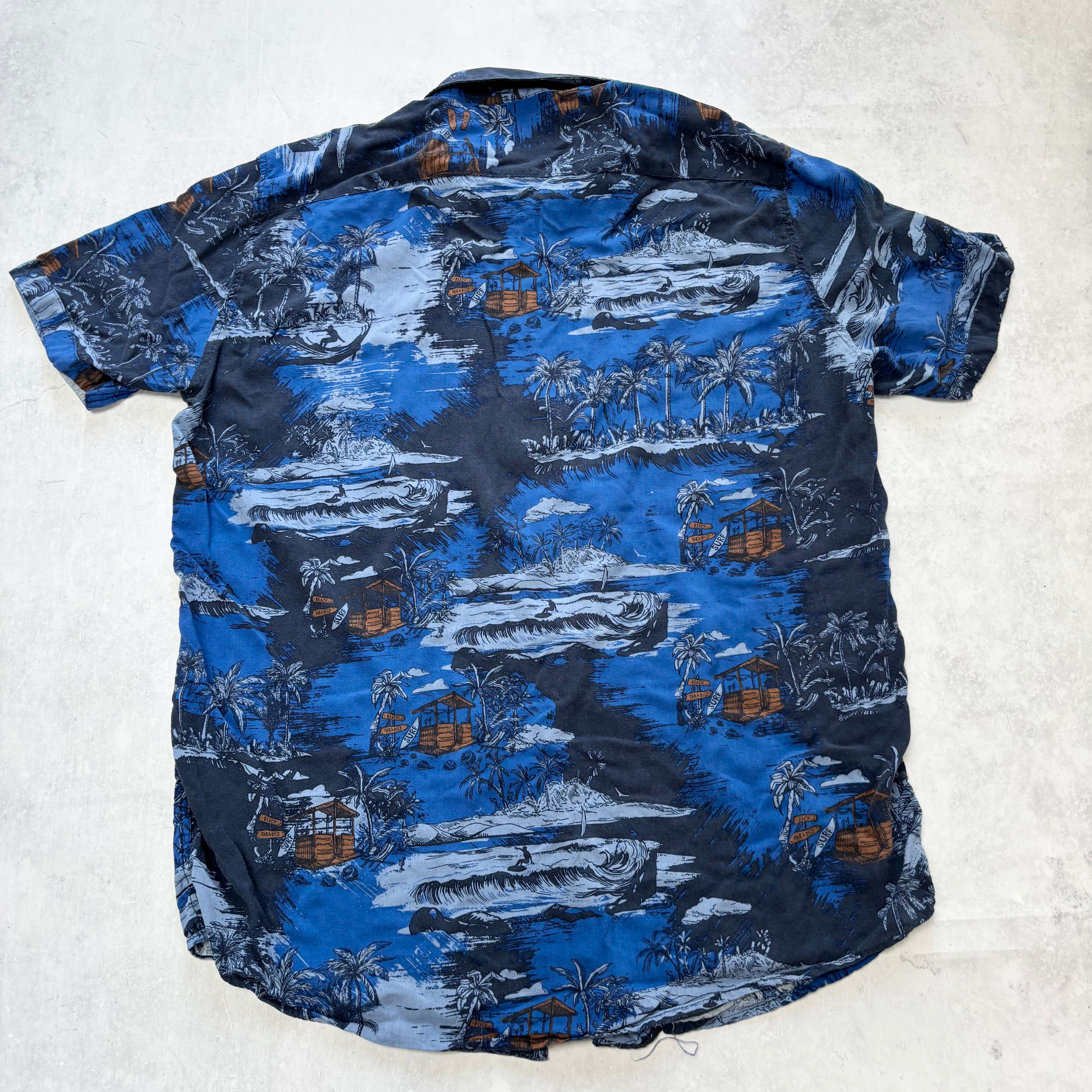 Hawaiian Shirt Mens XL Blue Floral Aloha Short Sleeve Slim Fit Viscose (E)