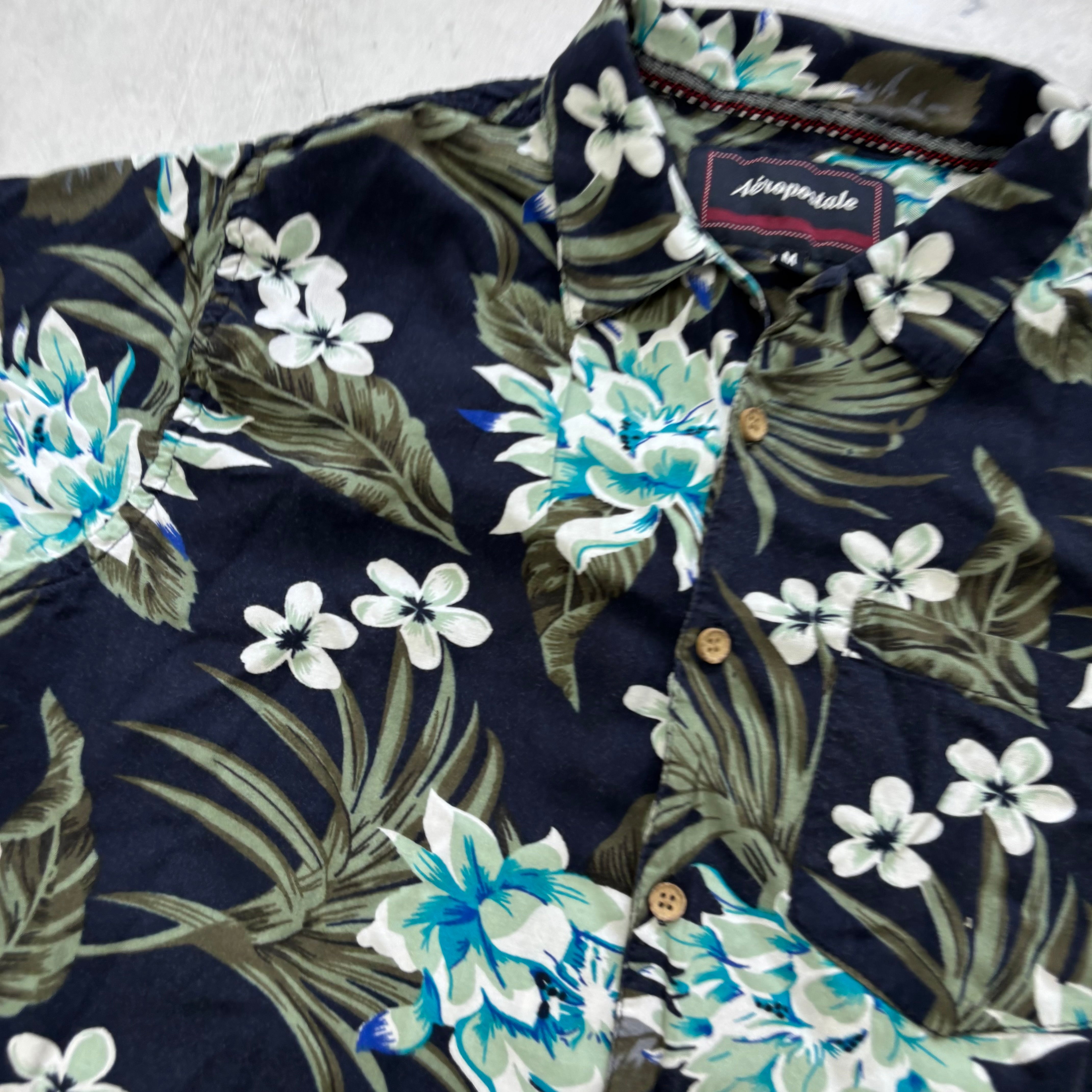 Hawaiian Shirt Mens Medium Navy Floral Aloha Short Sleeve Slim Fit (E)