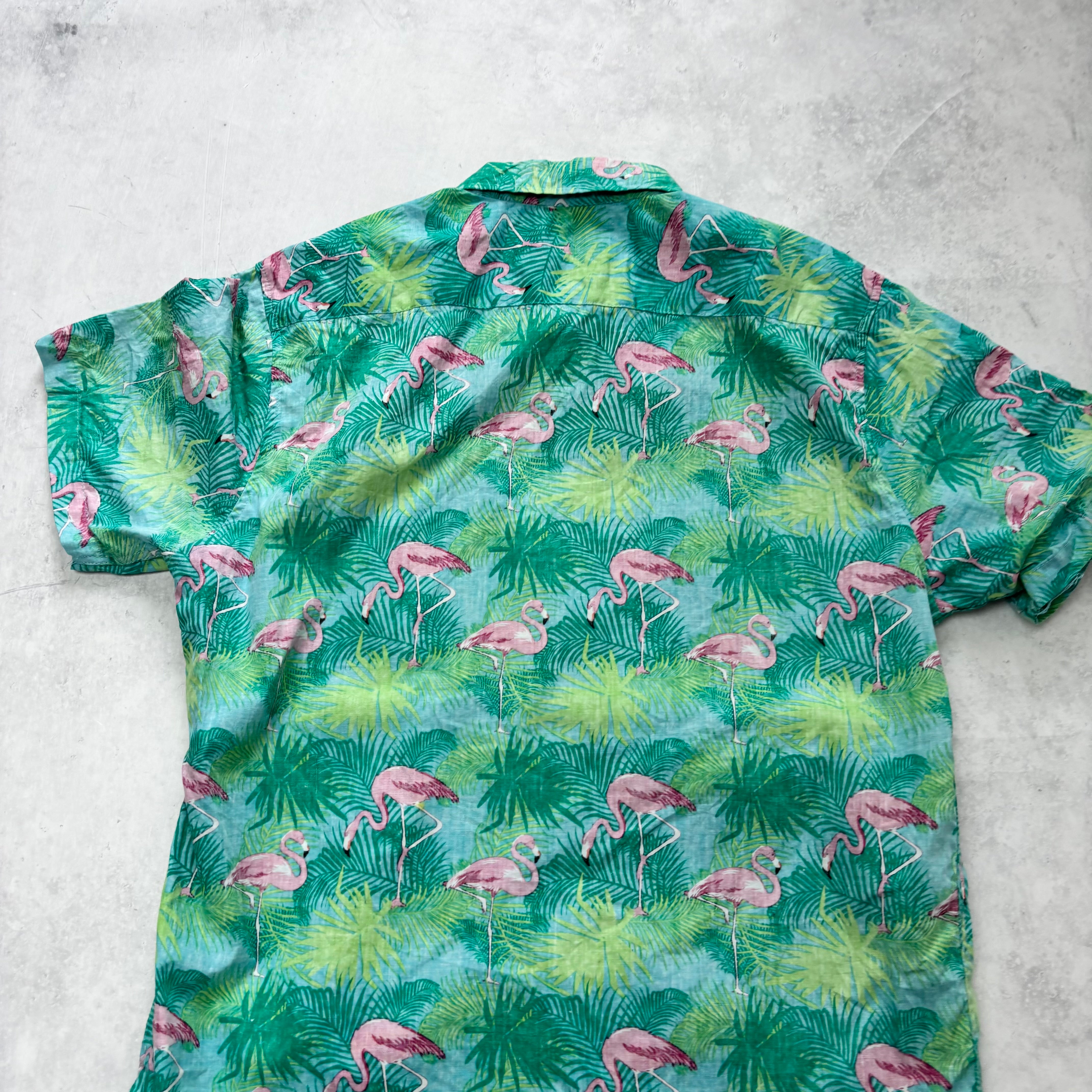 Hawaiian Shirt Mens Large Green Floral Aloha Short Sleeve Cotton (E)