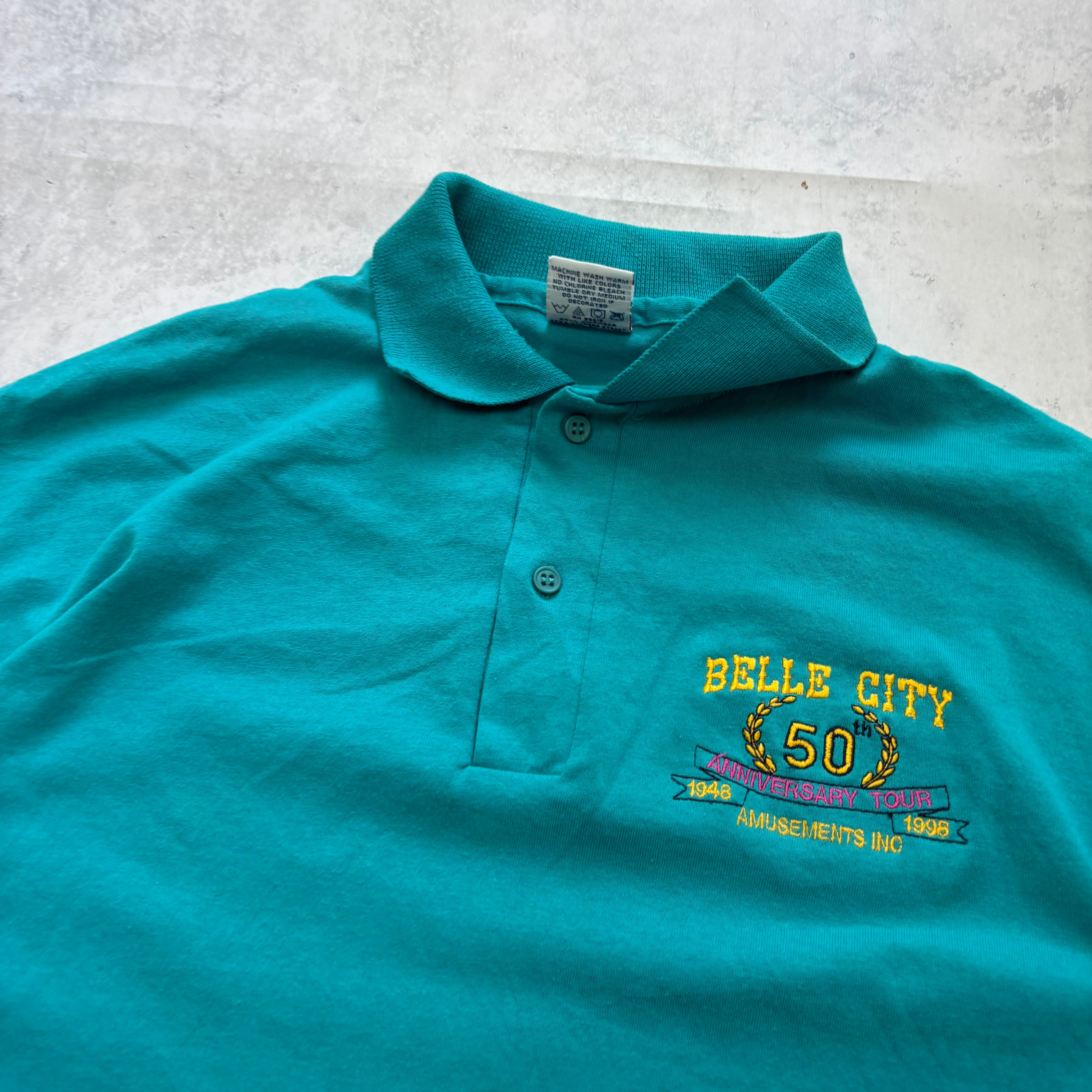 Vintage Polo Shirt Mens Large Blue Single Stitch Graphic Print 90s USA