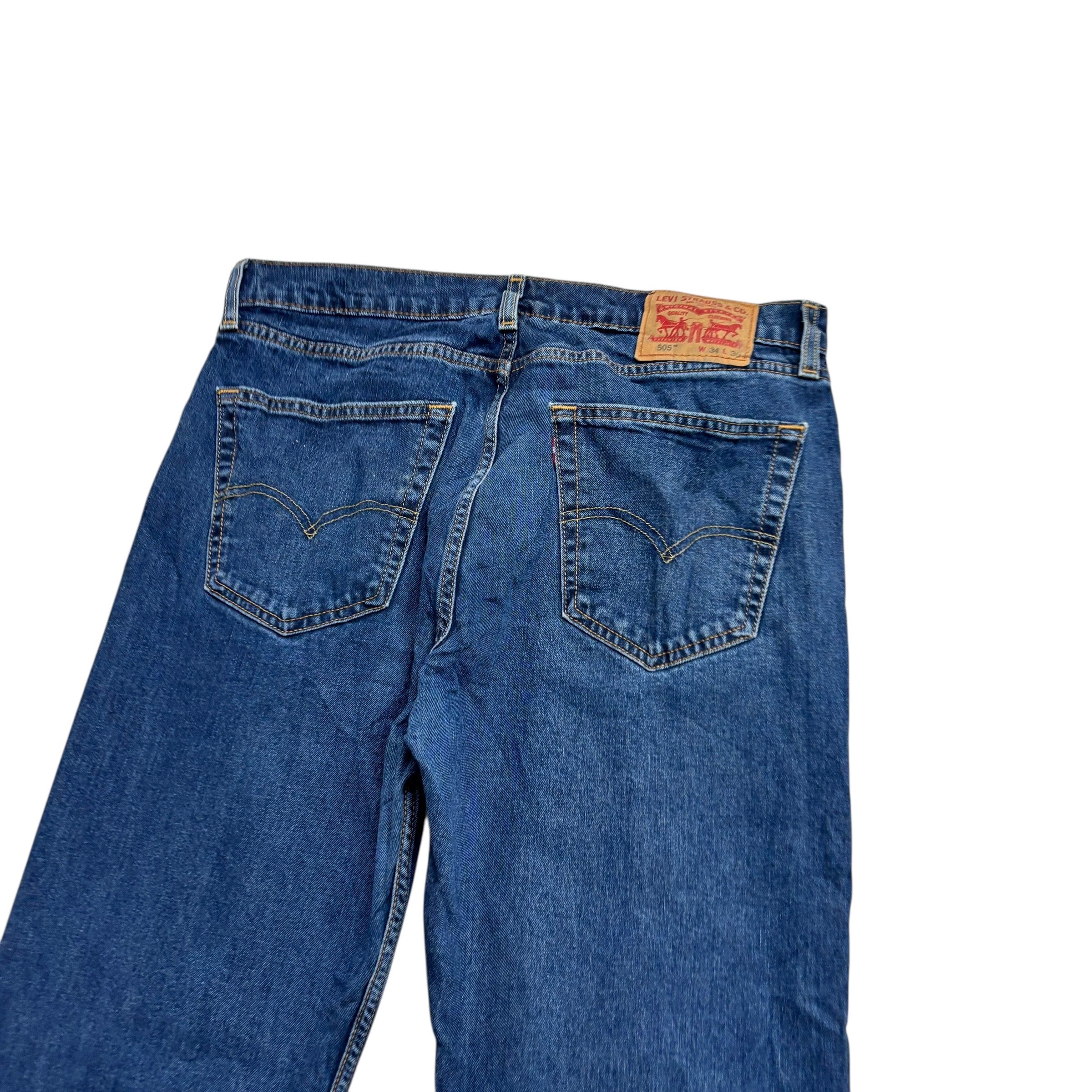 Levis 505 Jeans W34 L30 Mens Mid Blue Regular Straight Fit Stretch Denim (E)