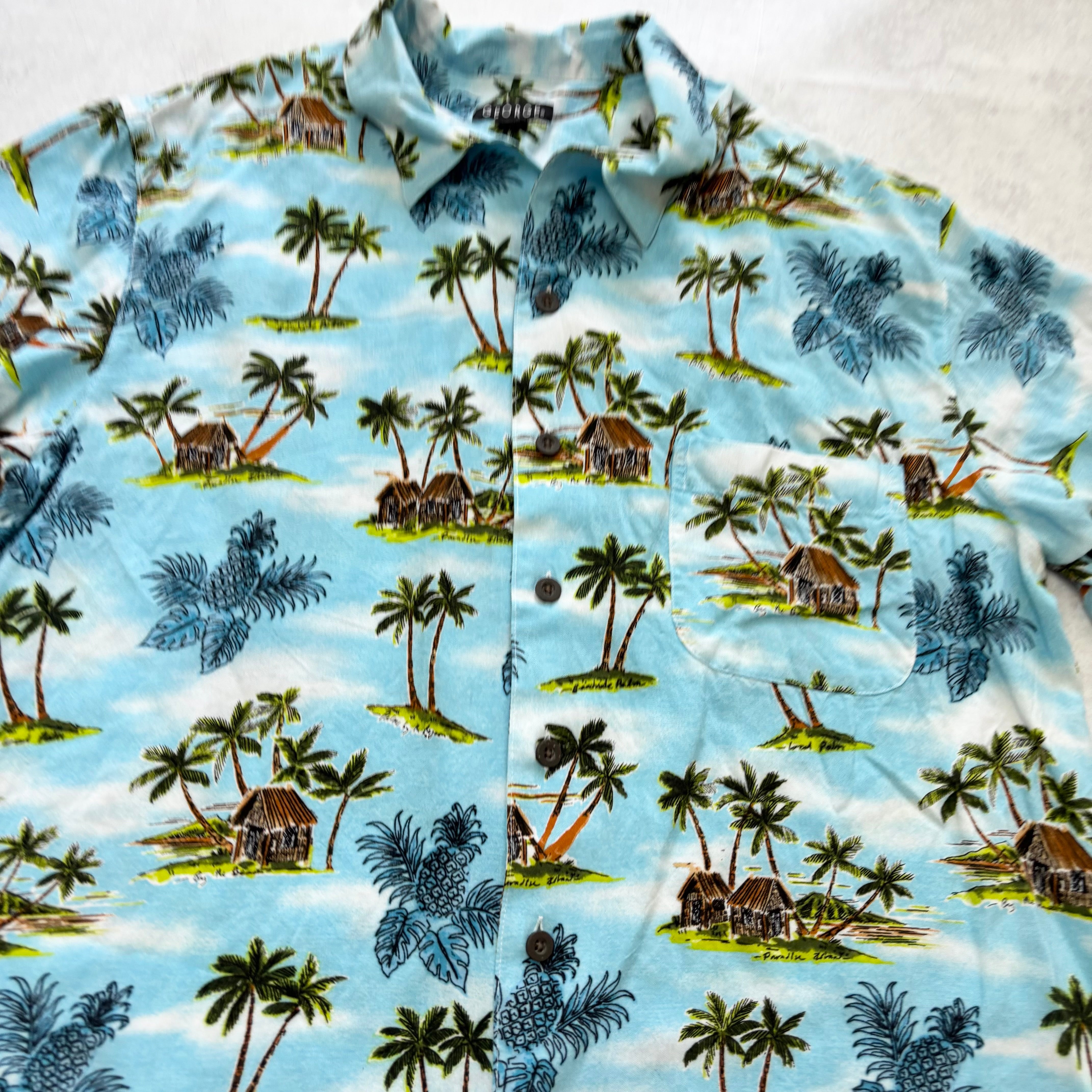 George Hawaiian Shirt Mens Large Blue Floral Aloha Short Sleeve Rayon (E)