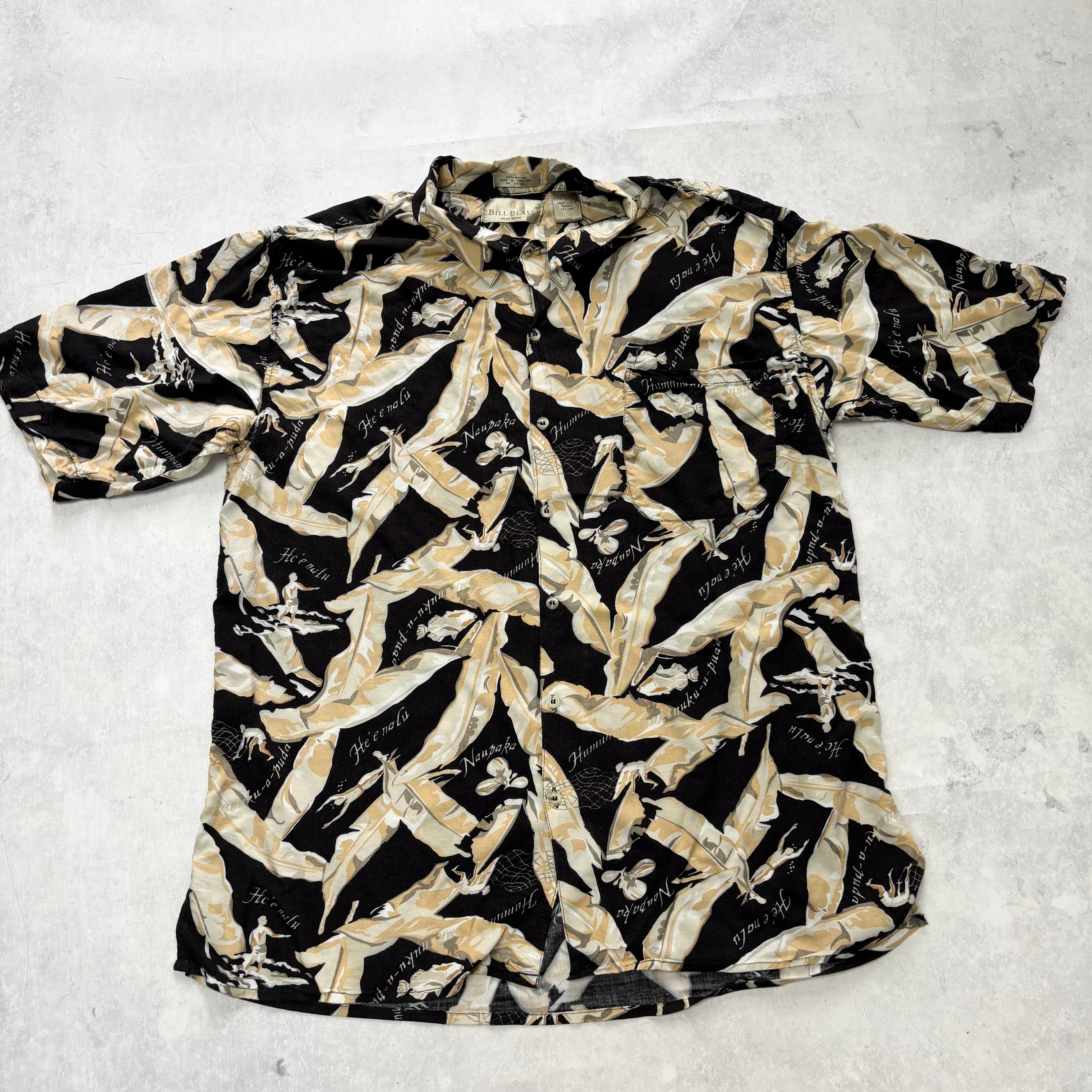 Hawaiian Shirt Mens Large Black Floral Aloha Short Sleeve Rayon (E)