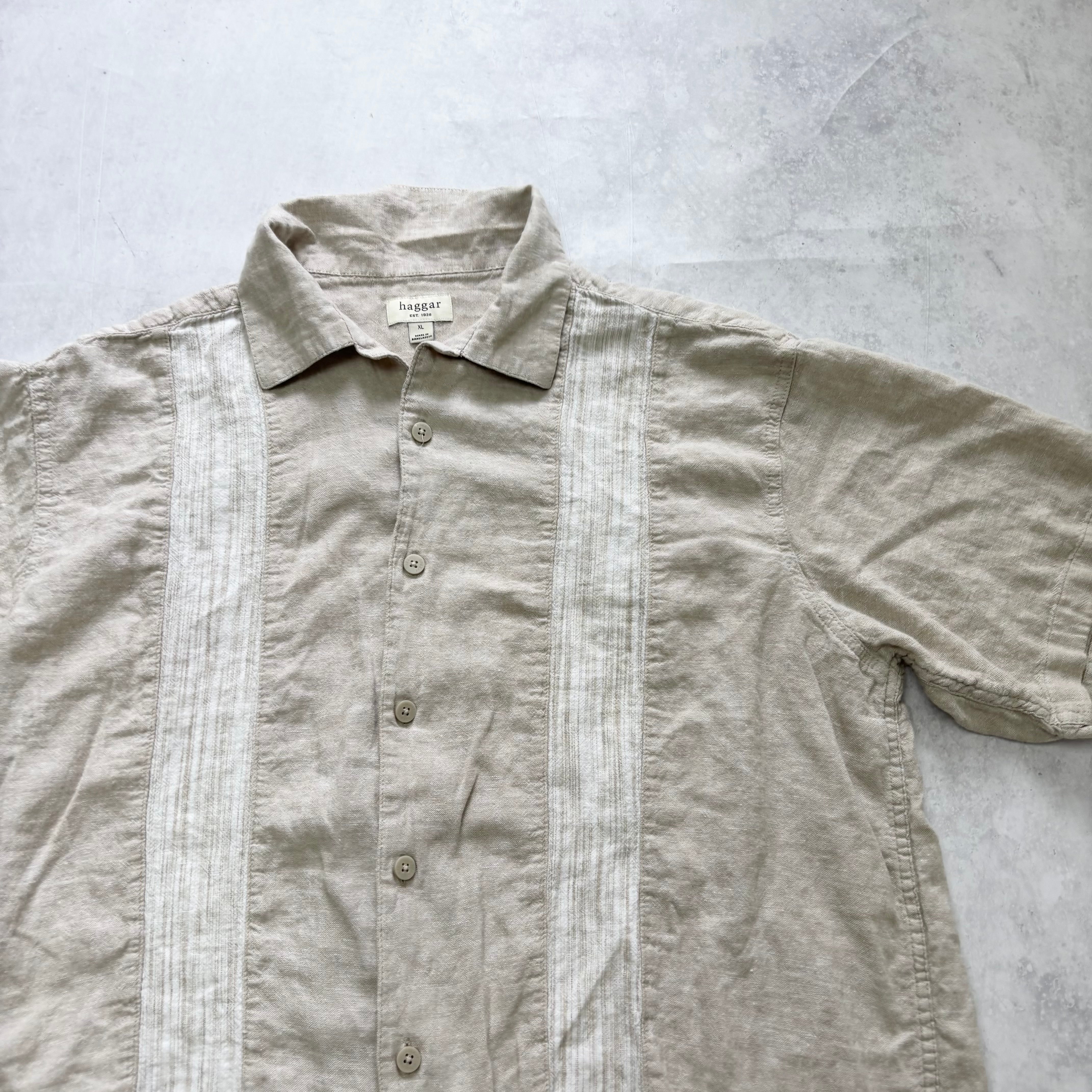 Vintage Shirt Mens XL Beige Striped Short Sleeve Linen Blend (E)