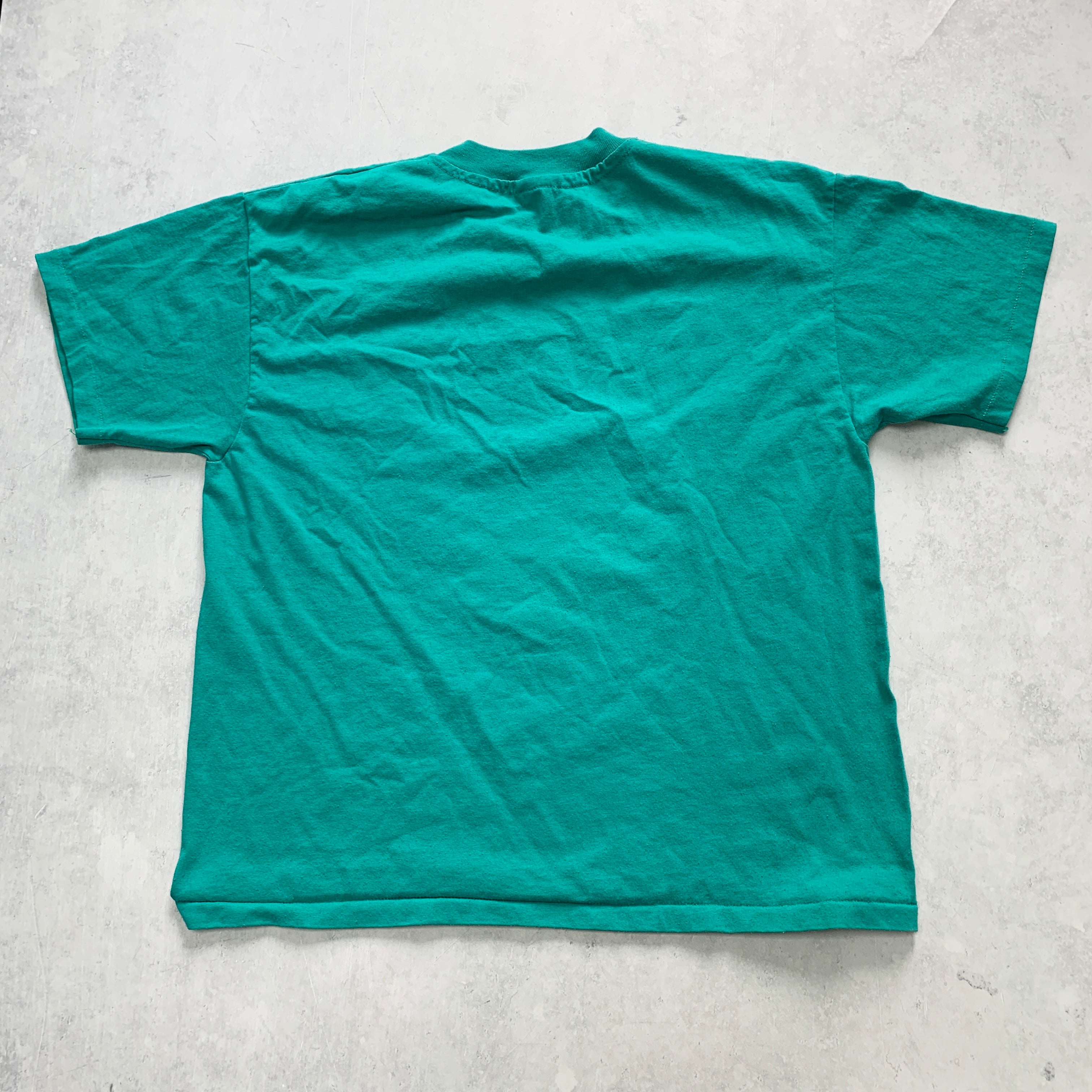 Vintage T Shirt Mens Medium Turquoise Blue Single Stitch Graphic Print 90s USA