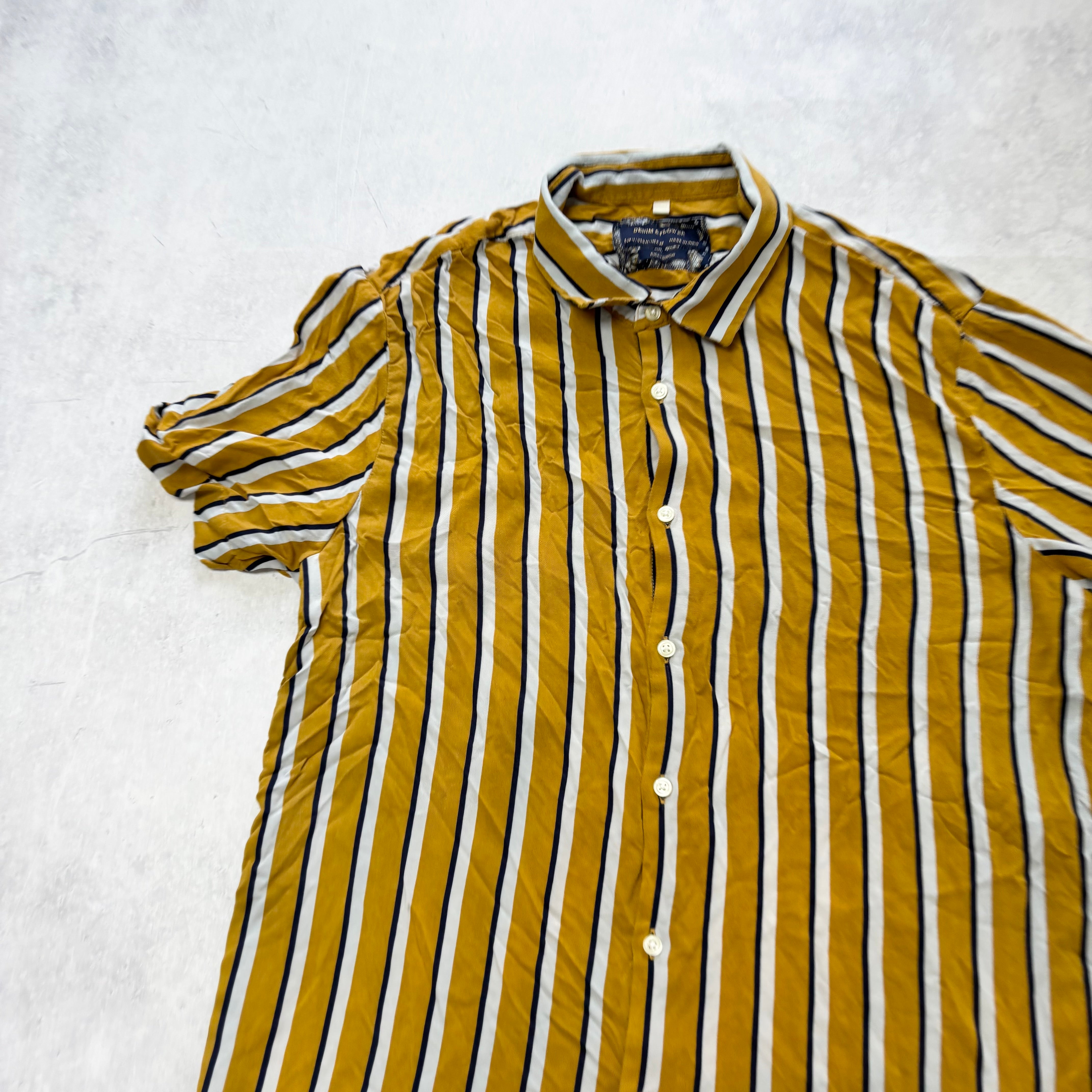 Denim & Flower Striped Shirt Mens Medium Short Sleeve Slim Fit Viscose (E)
