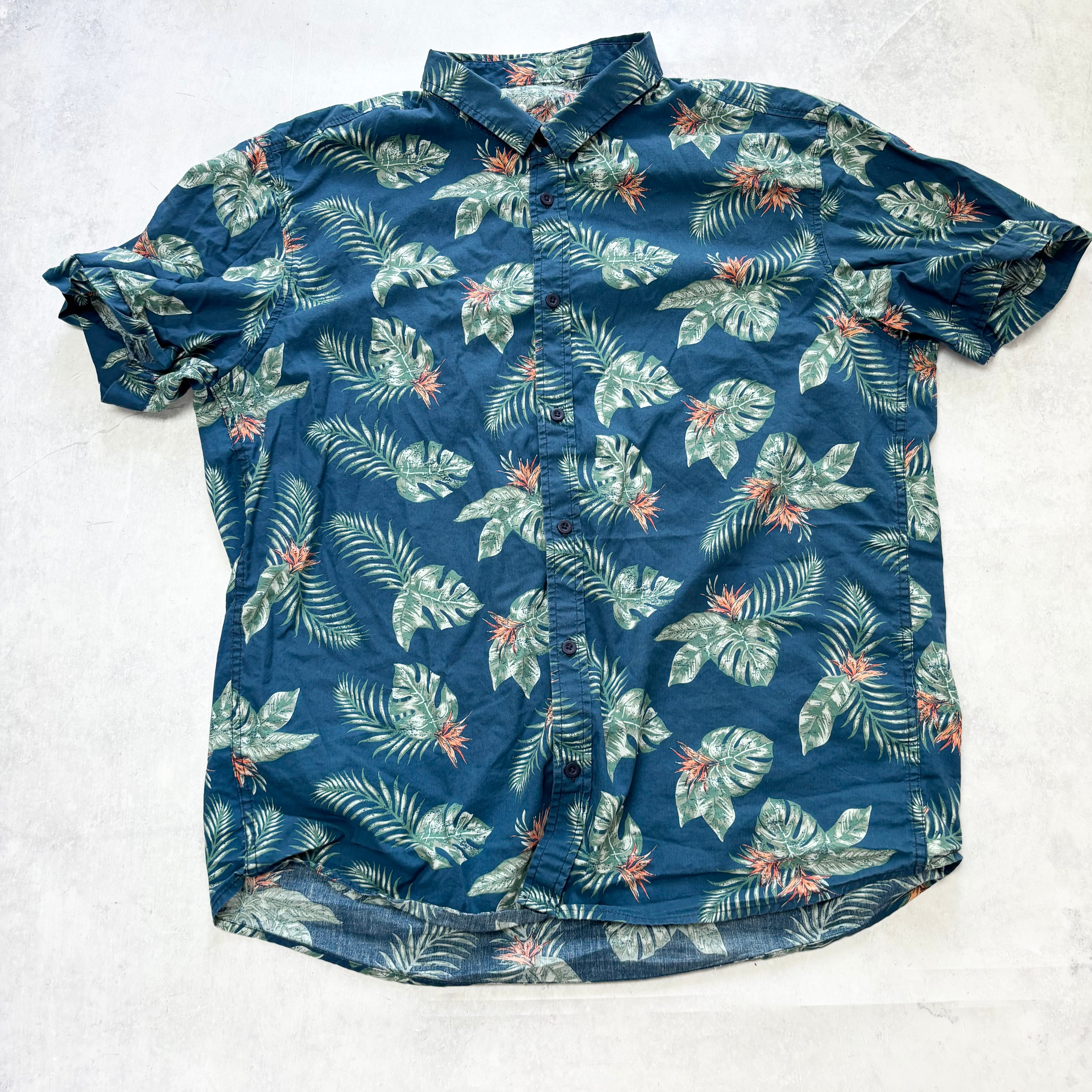 Hawaiian Shirt Mens Large Navy Multi Floral Aloha Short Sleeve Cotton (E)