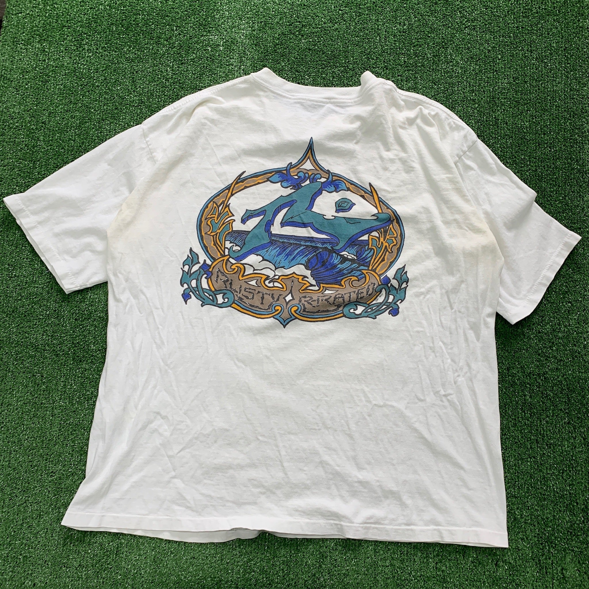 Vintage T Shirt Mens XXL White Single Stitch Graphic Print 90s Surf