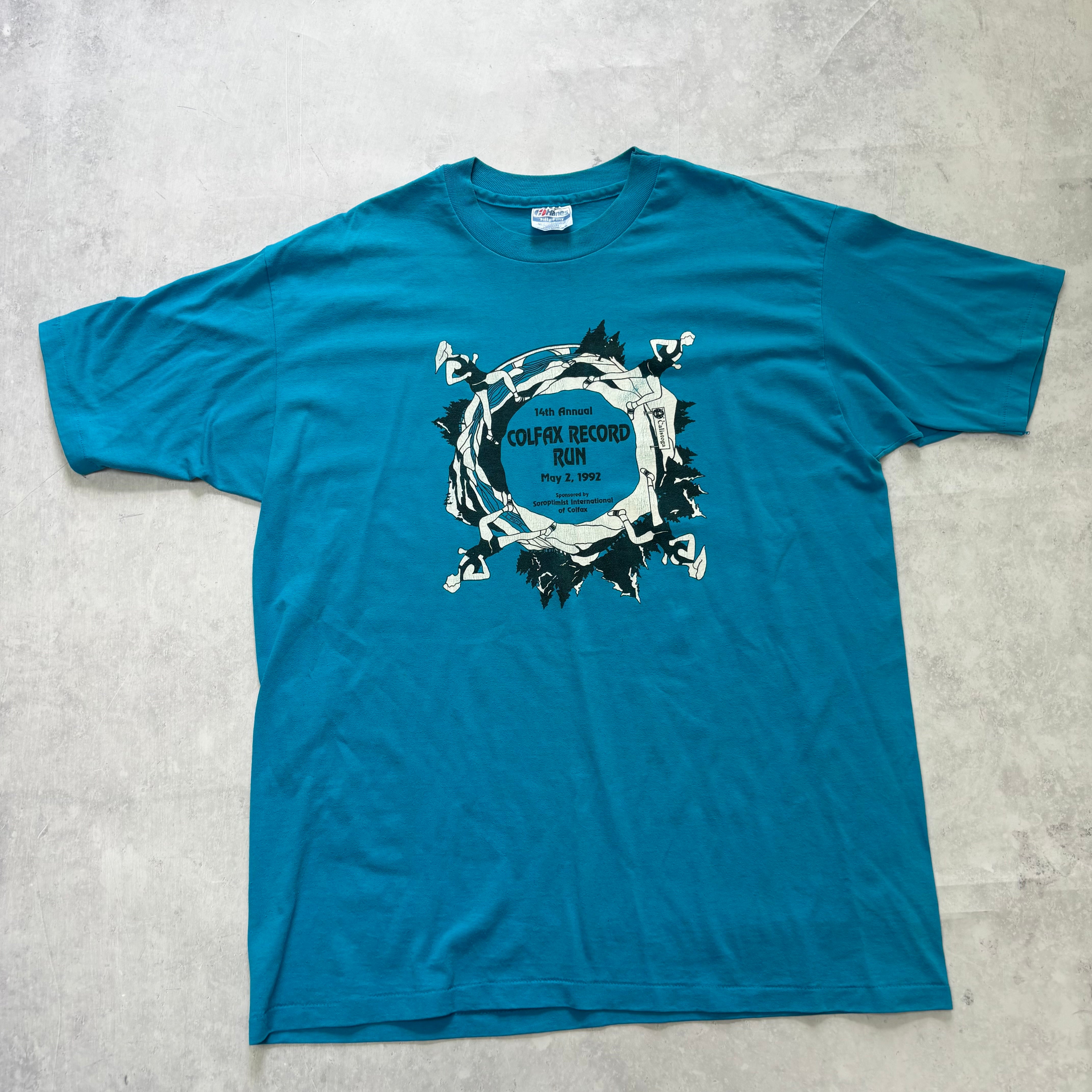 Vintage T Shirt Mens XL Blue Single Stitch Graphic Print 90s Run Race (E)