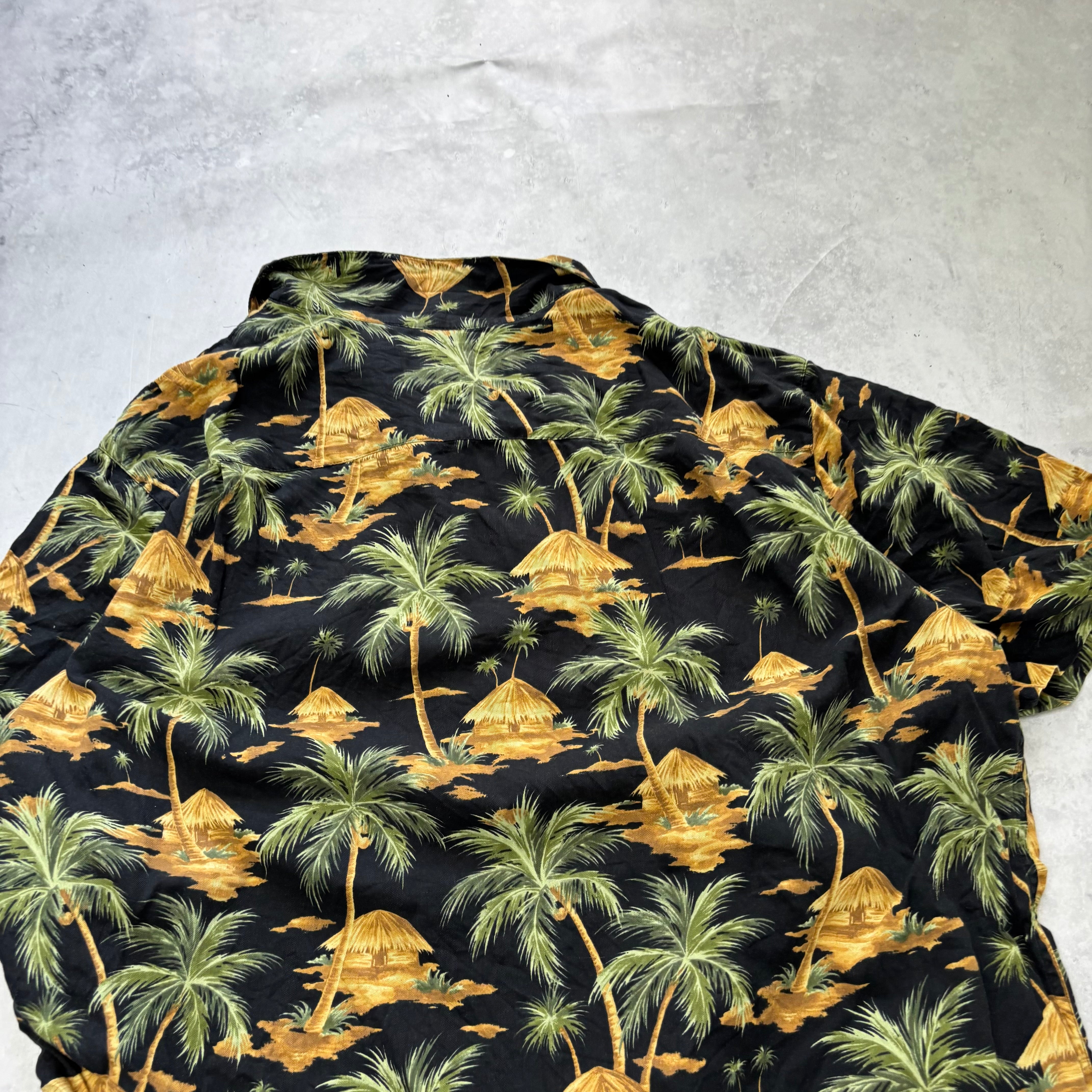 Vintage Hawaiian Shirt Mens 3XL Tall Black Floral Aloha Short Sleeve Silk (E)