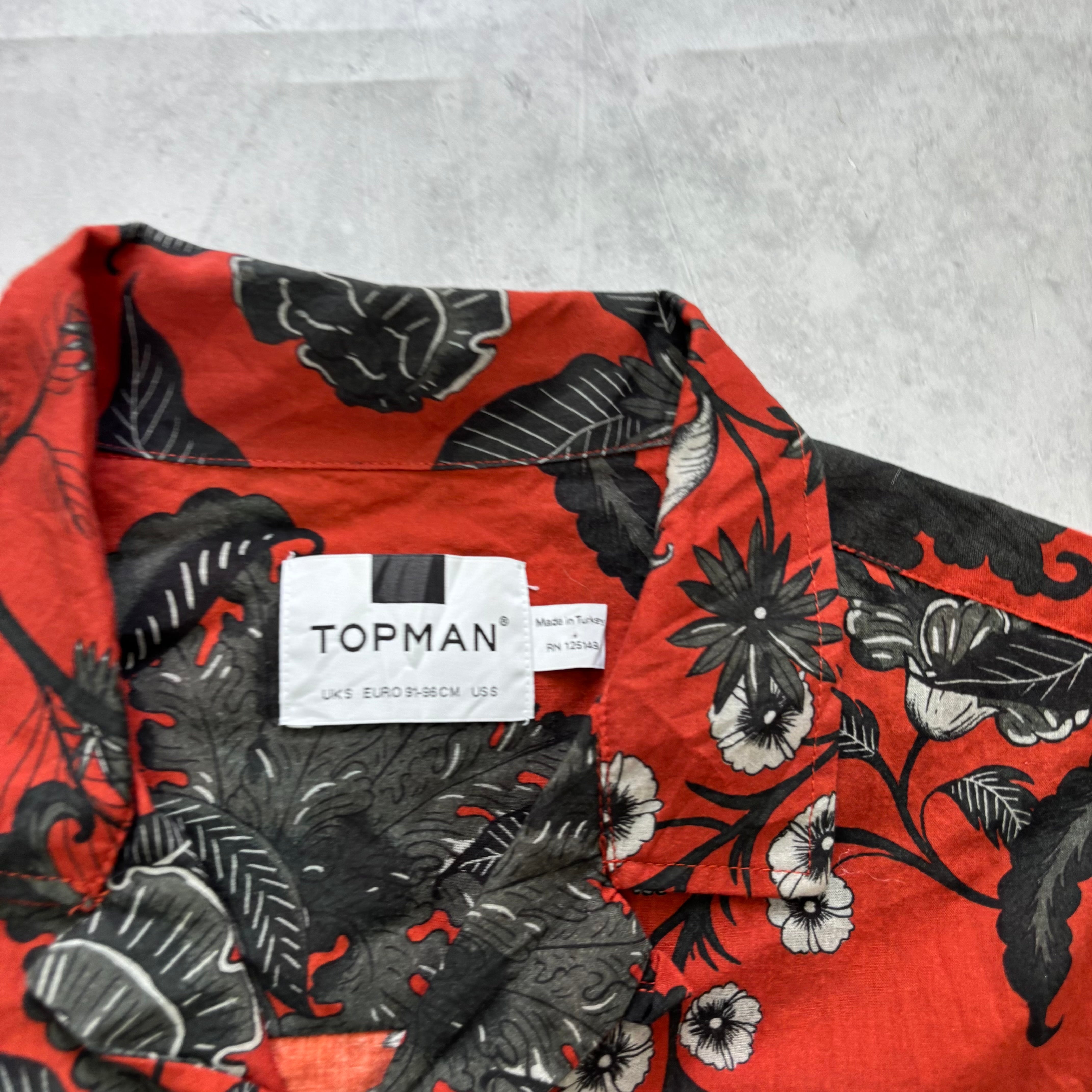 Topman Hawaiian Shirt Mens Small Red Floral Aloha Short Sleeve Cotton (E)