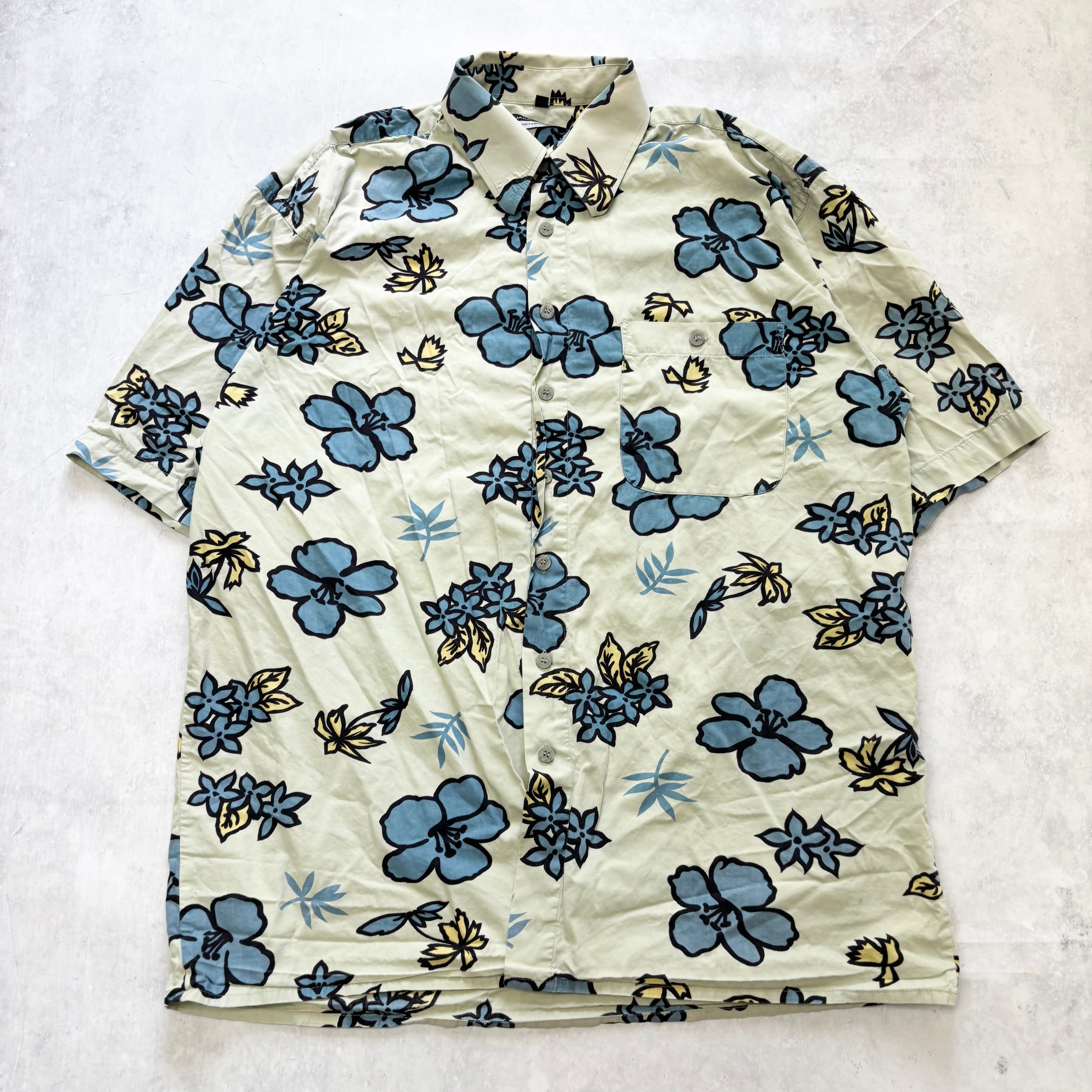 Hawaiian Shirt Mens Large Green Floral Aloha Short Sleeve (E)
