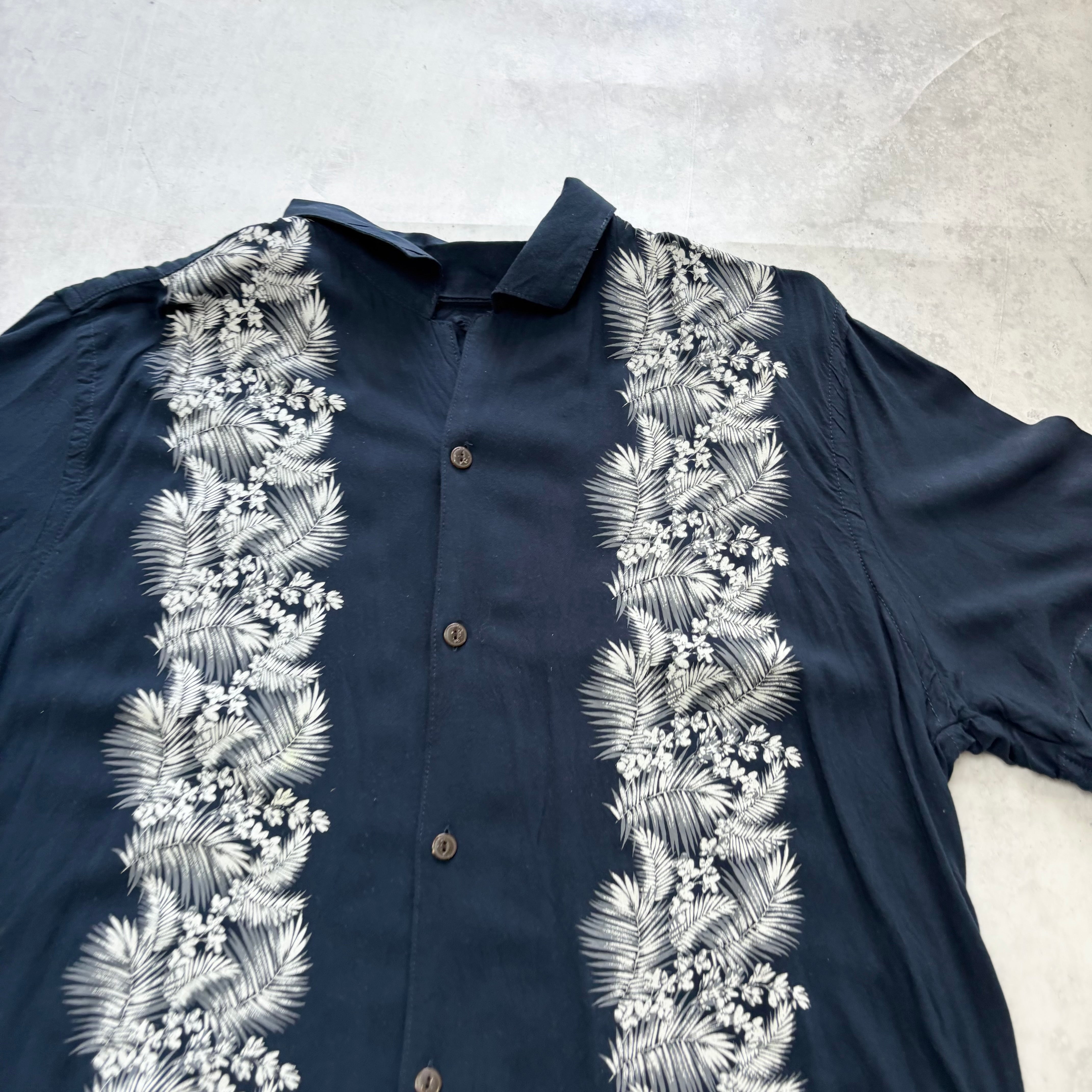 Hawaiian Shirt Mens Large Navy Floral Aloha Short Sleeve Rayon (E)