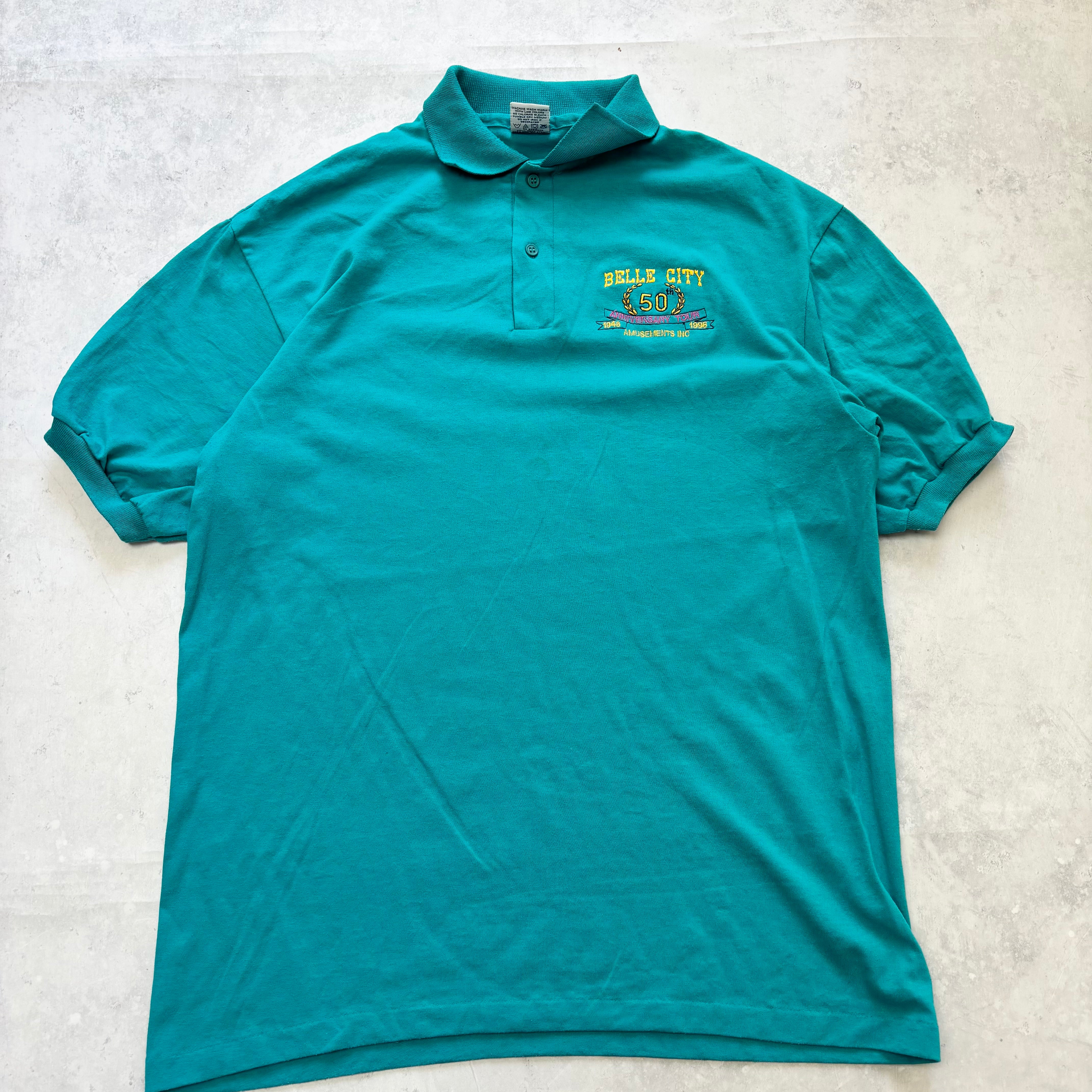 Vintage Polo Shirt Mens Large Blue Single Stitch Graphic Print 90s USA