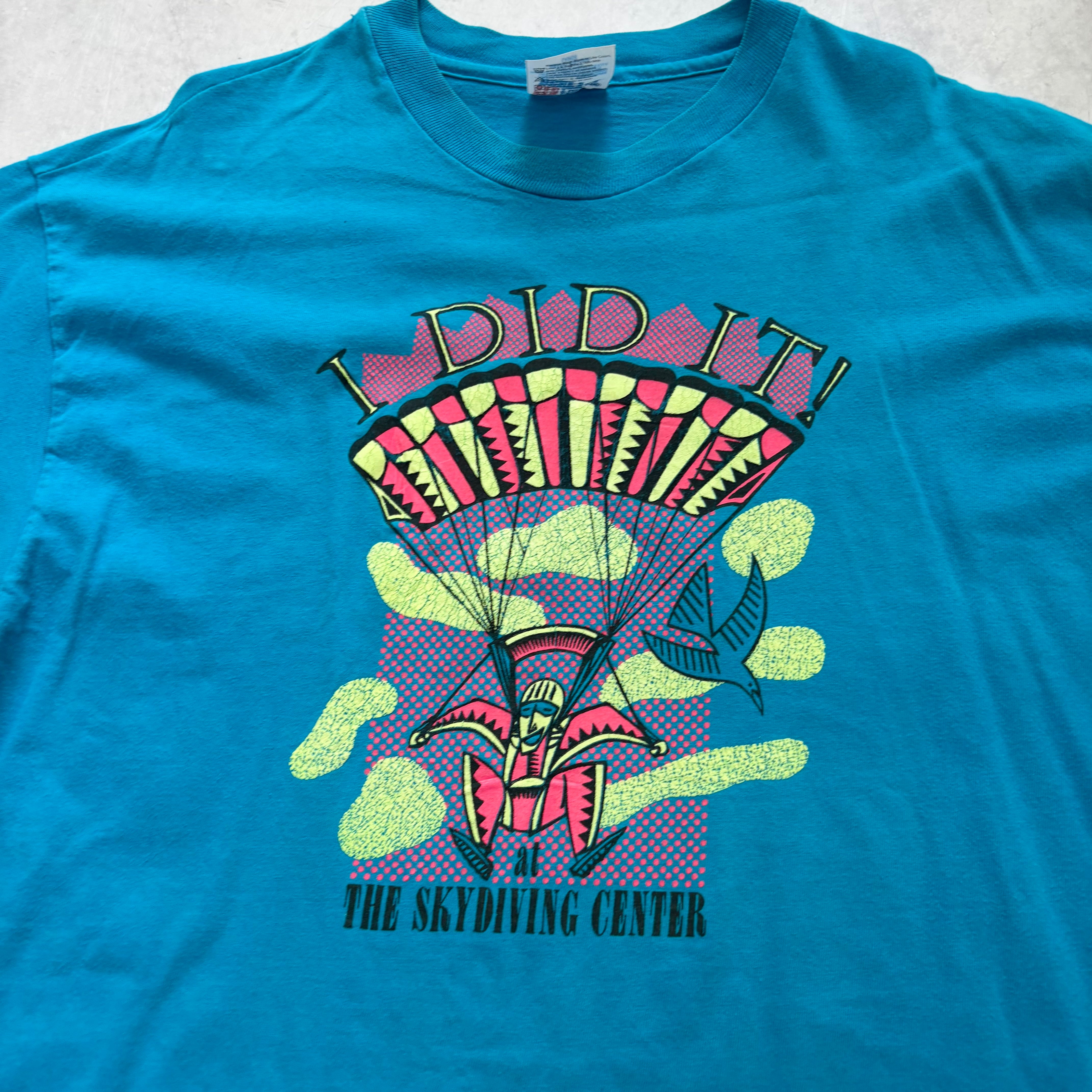 Vintage T Shirt Mens Large Blue Single Stitch Graphic Print 90s Skydiving (E)