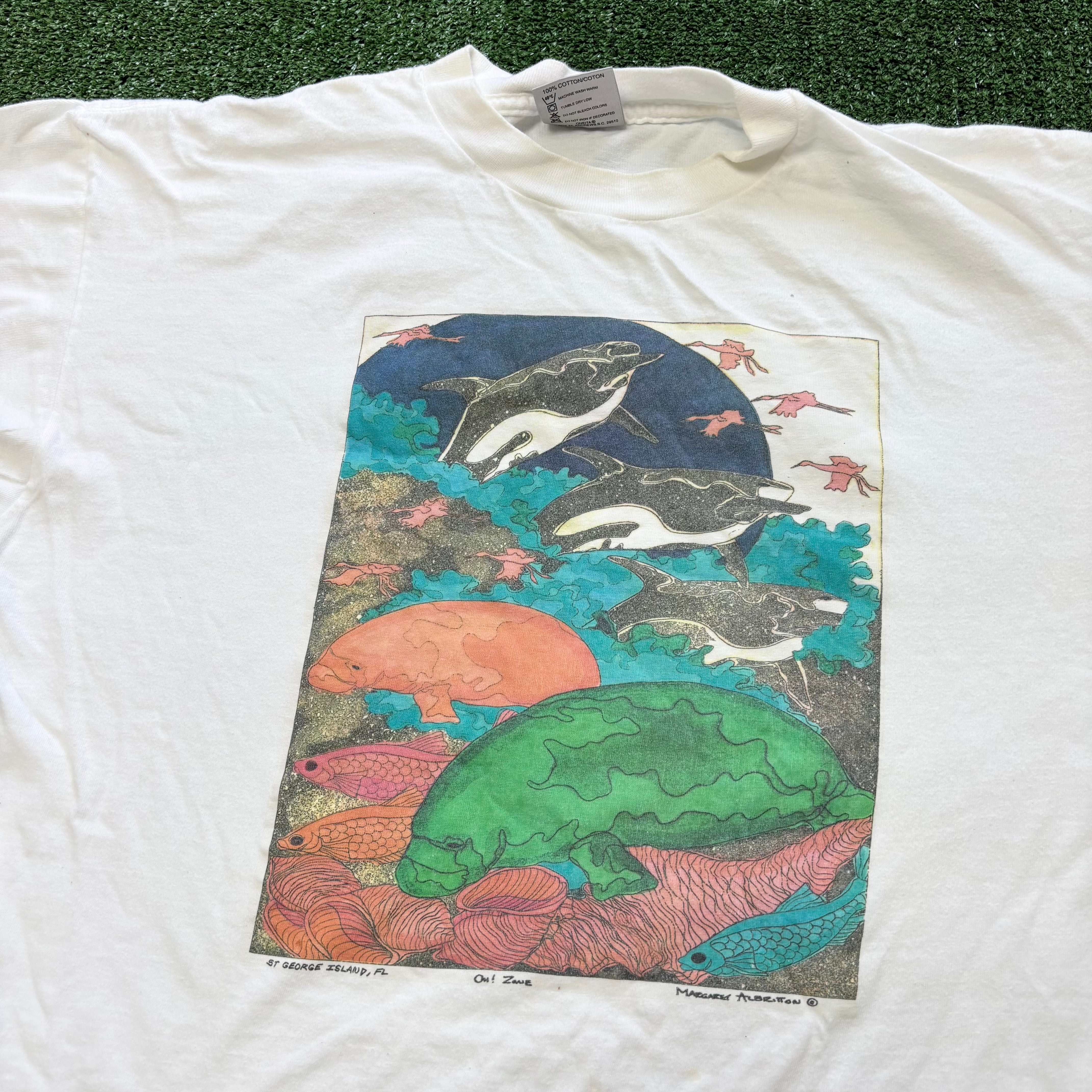 Vintage T Shirt Mens Large White Single Stitch Graphic Print 90s Nature
