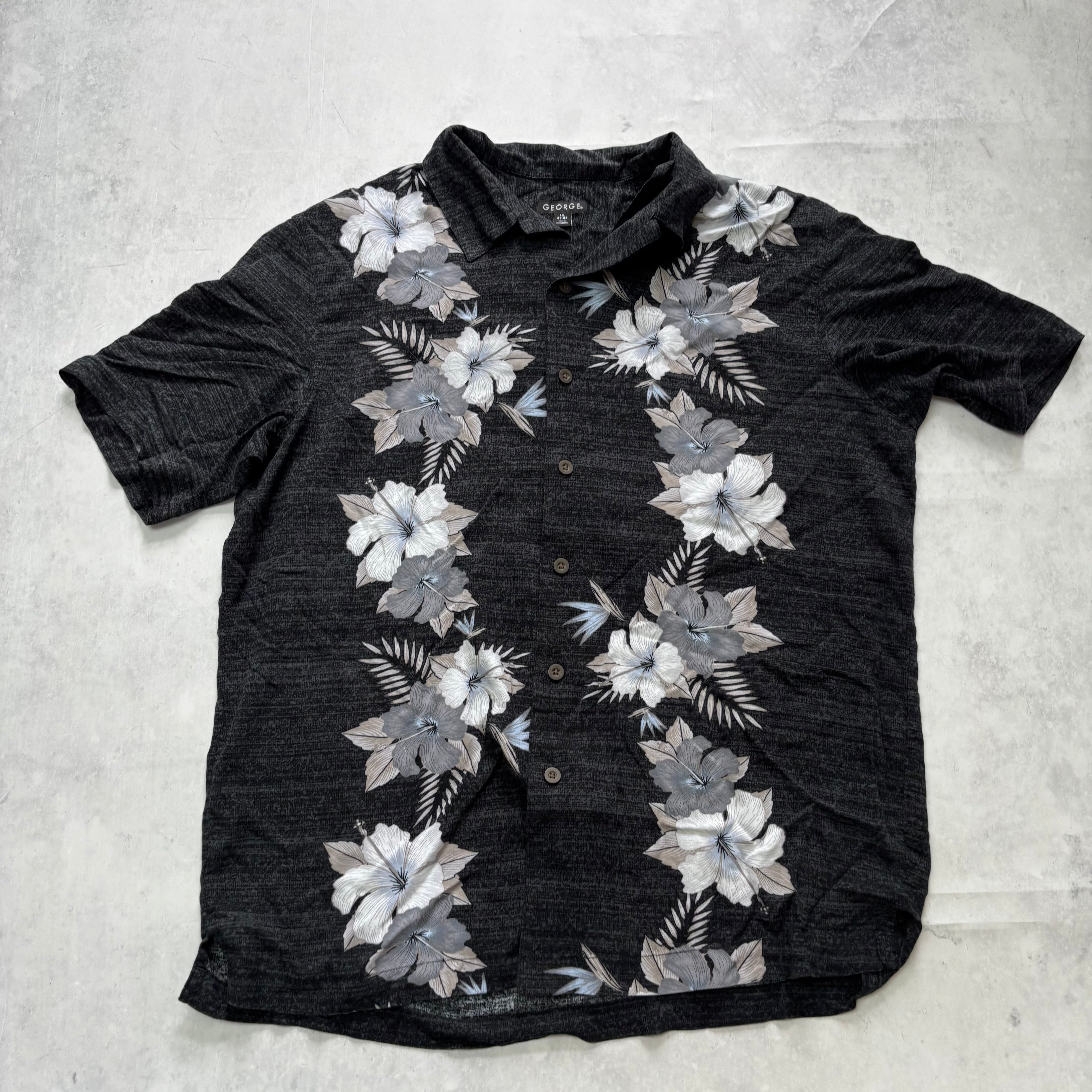 Hawaiian Shirt Mens Large Black Floral Aloha Short Sleeve Rayon (E)