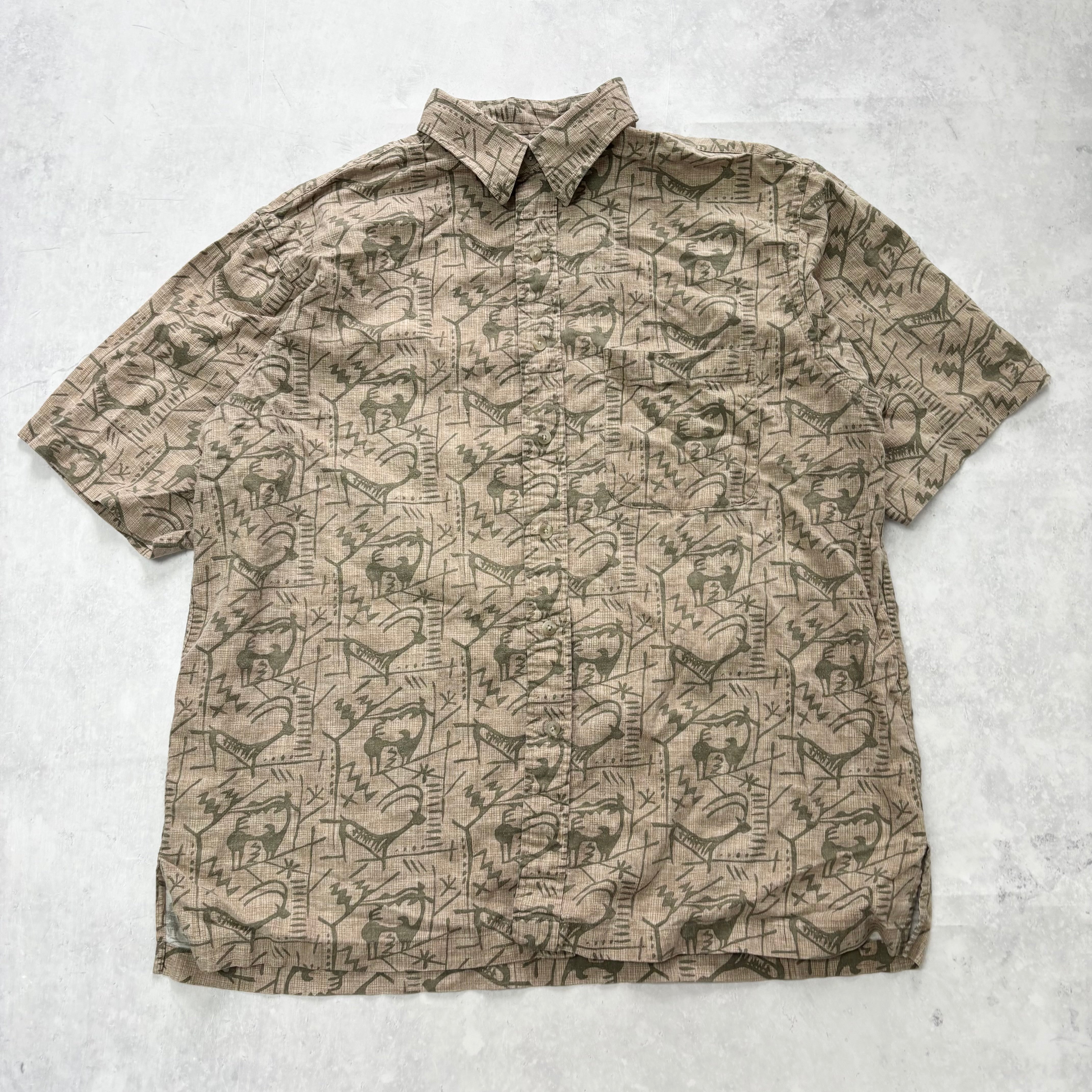 Vintage Shirt Mens Large Brown Outdoors Patterned Short Sleeve Linen (E)
