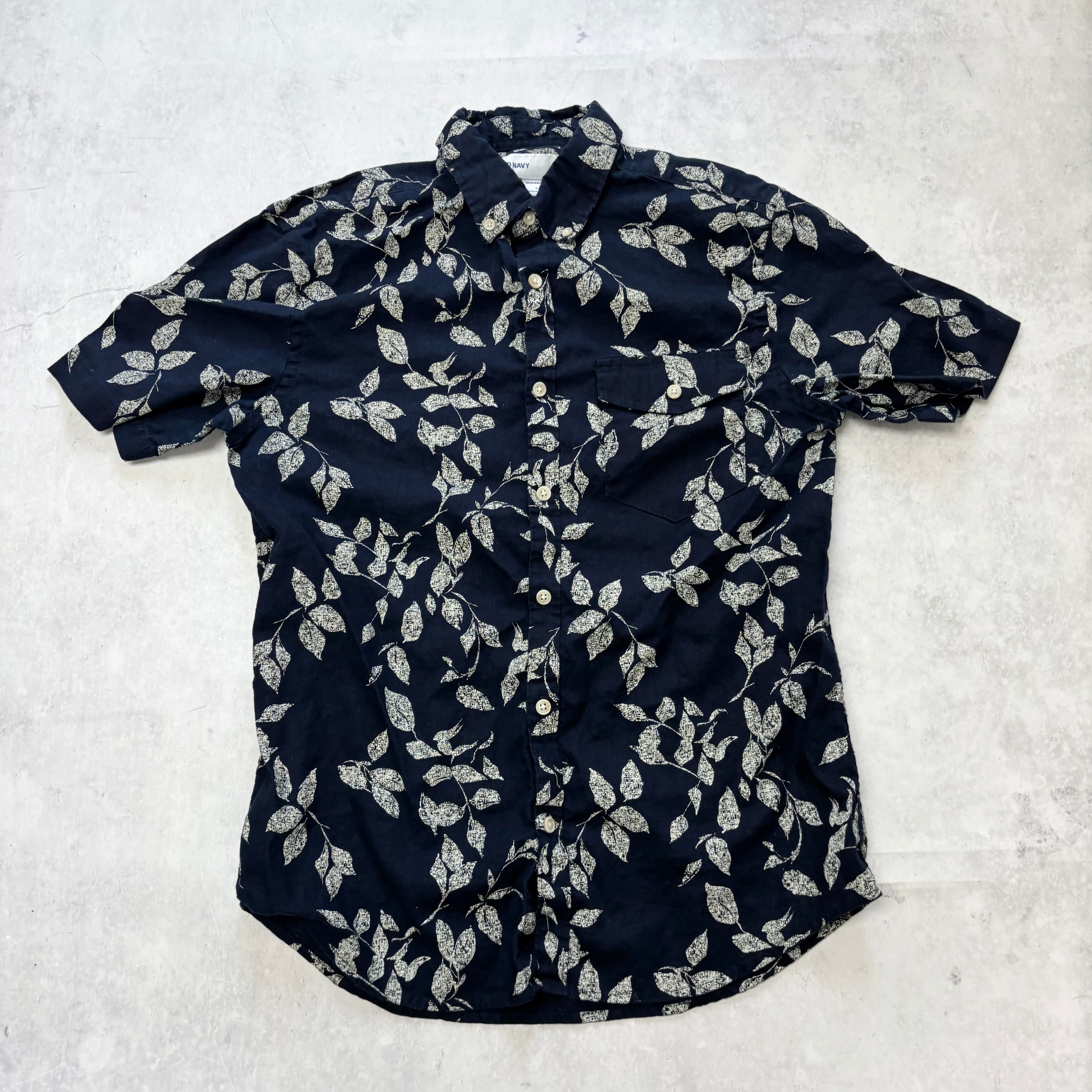 Old Navy Hawaiian Shirt Mens Small Navy Short Sleeve Slim Fit Linen (E)
