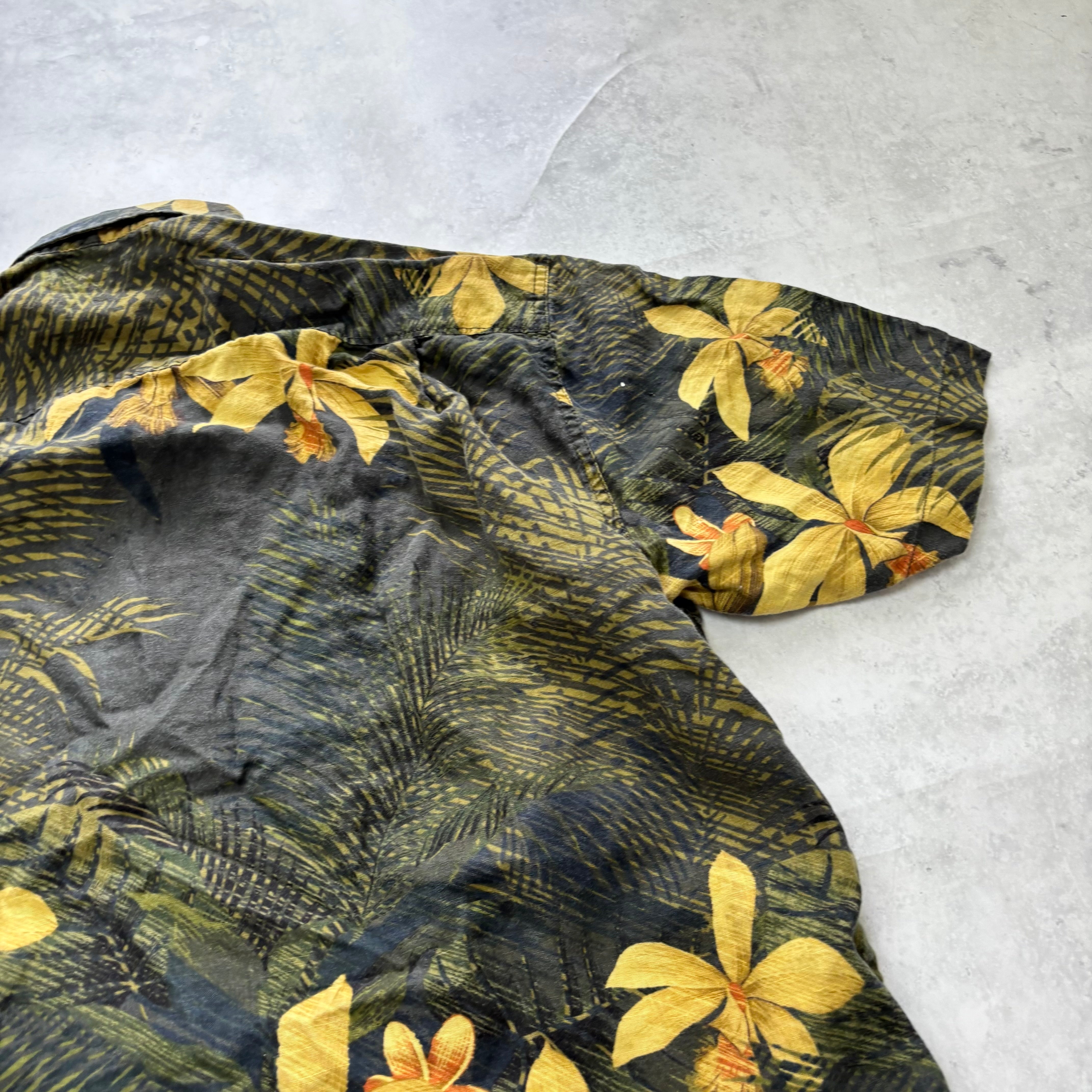 Vintage Hawaiian Shirt Mens Large Green Floral Cotton Tommy Bahama (E)