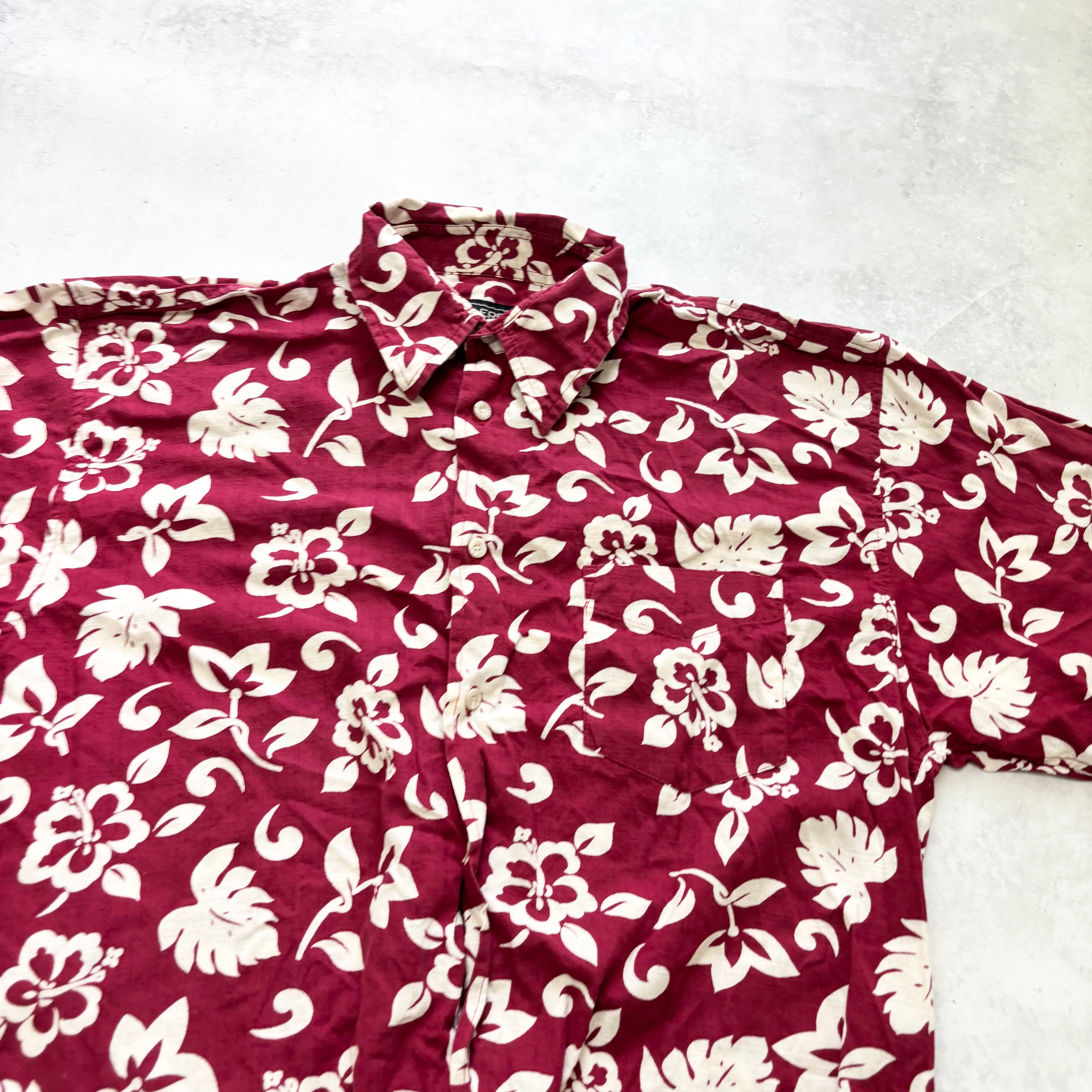 Hawaiian Shirt Mens Medium Burgundy Red Floral Aloha Short Sleeve Cotton (E)