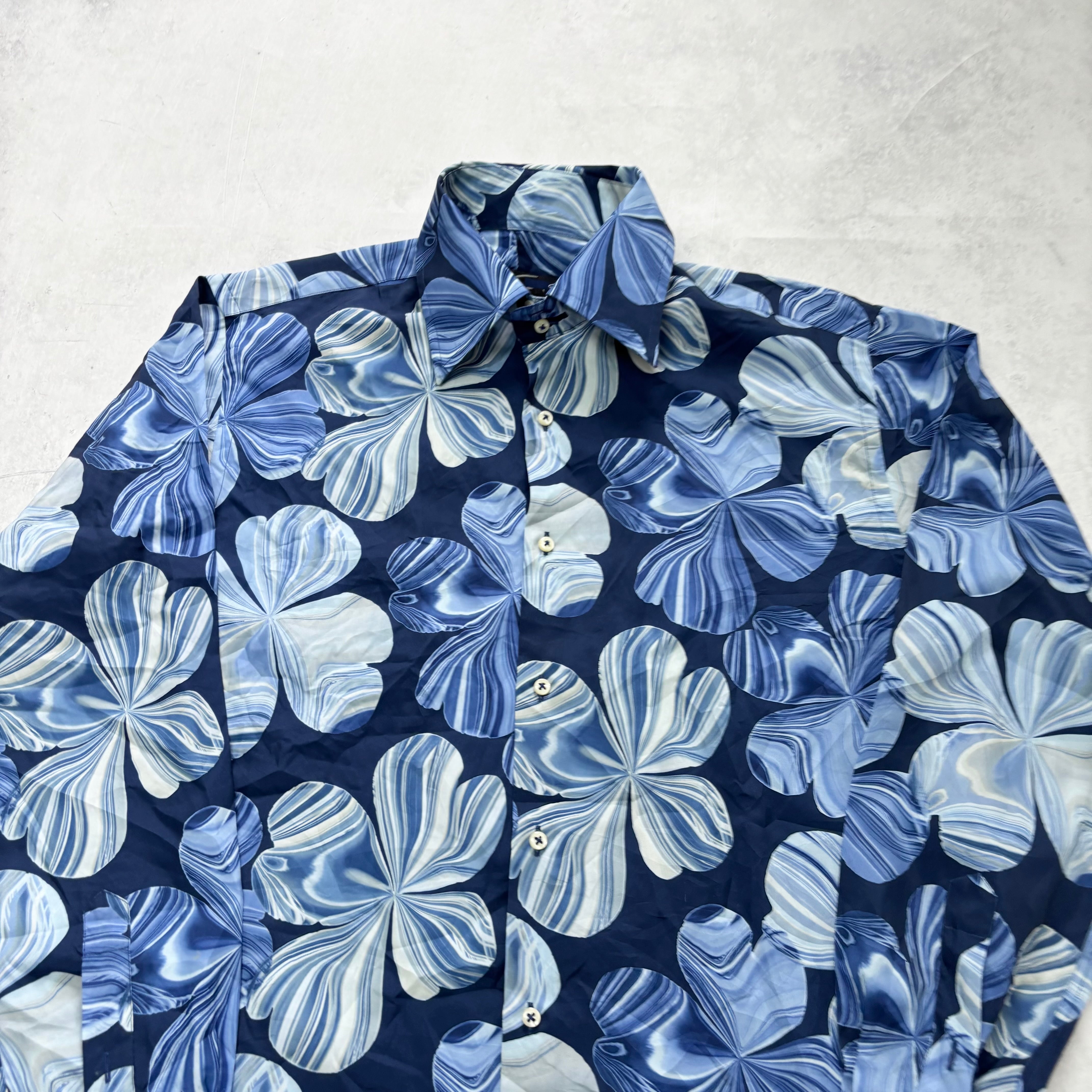 Hawaiian Shirt Mens Large Blue Floral Aloha Long Sleeve Polyester (E)